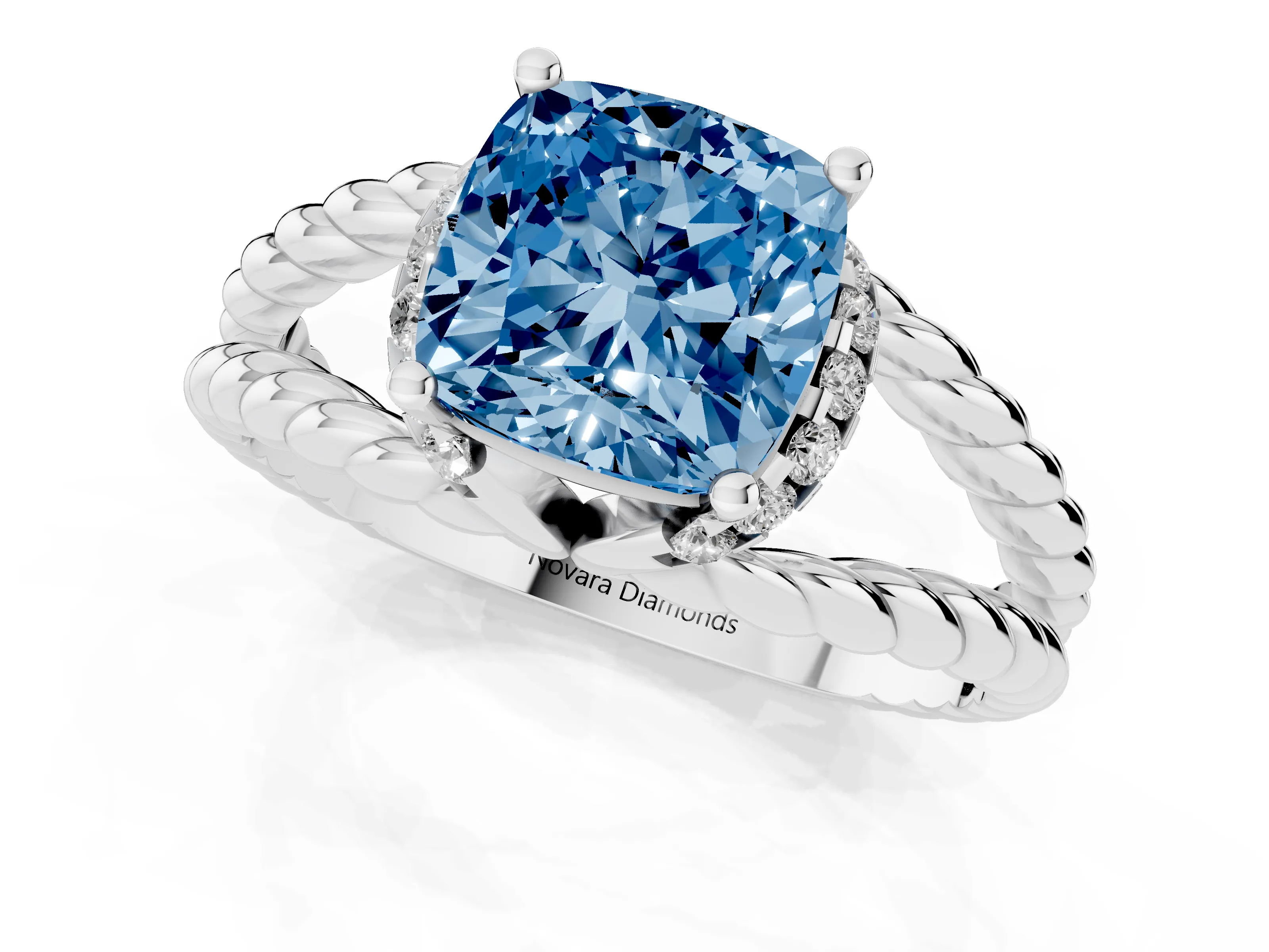 Fancy Blue Cushion Cut Diamond Halo Ring Set in White gold with Twisted Band and Prong Setting