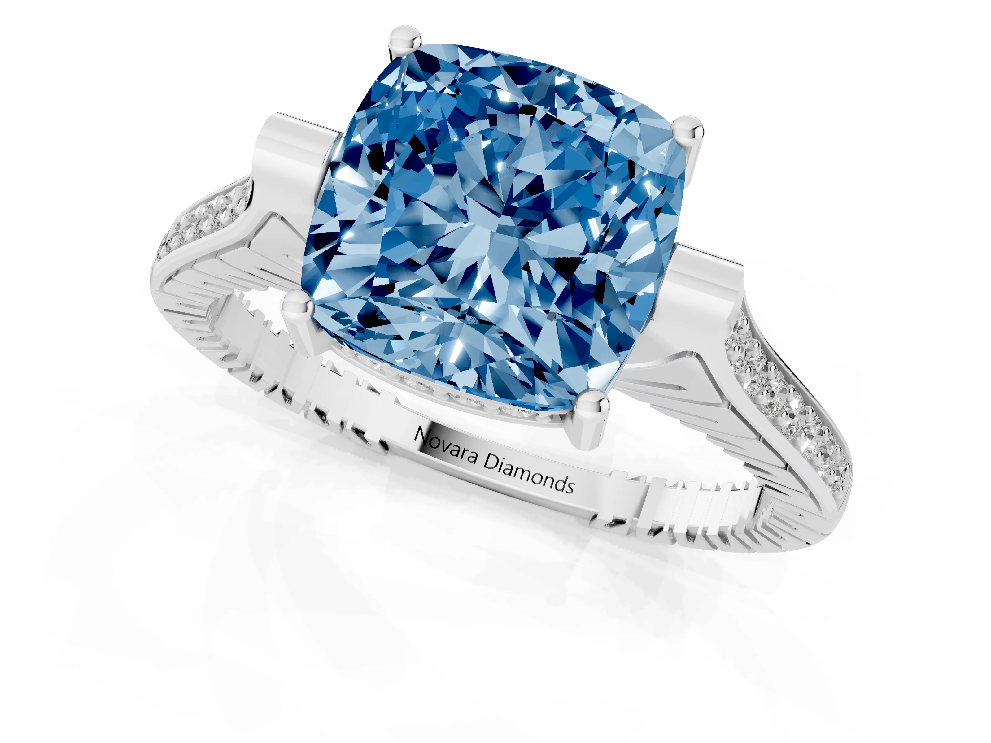 Fancy Blue Cushion Cut Diamond Solitaire Ring Set in White gold with Channel Set Band and Bezel Prong Setting