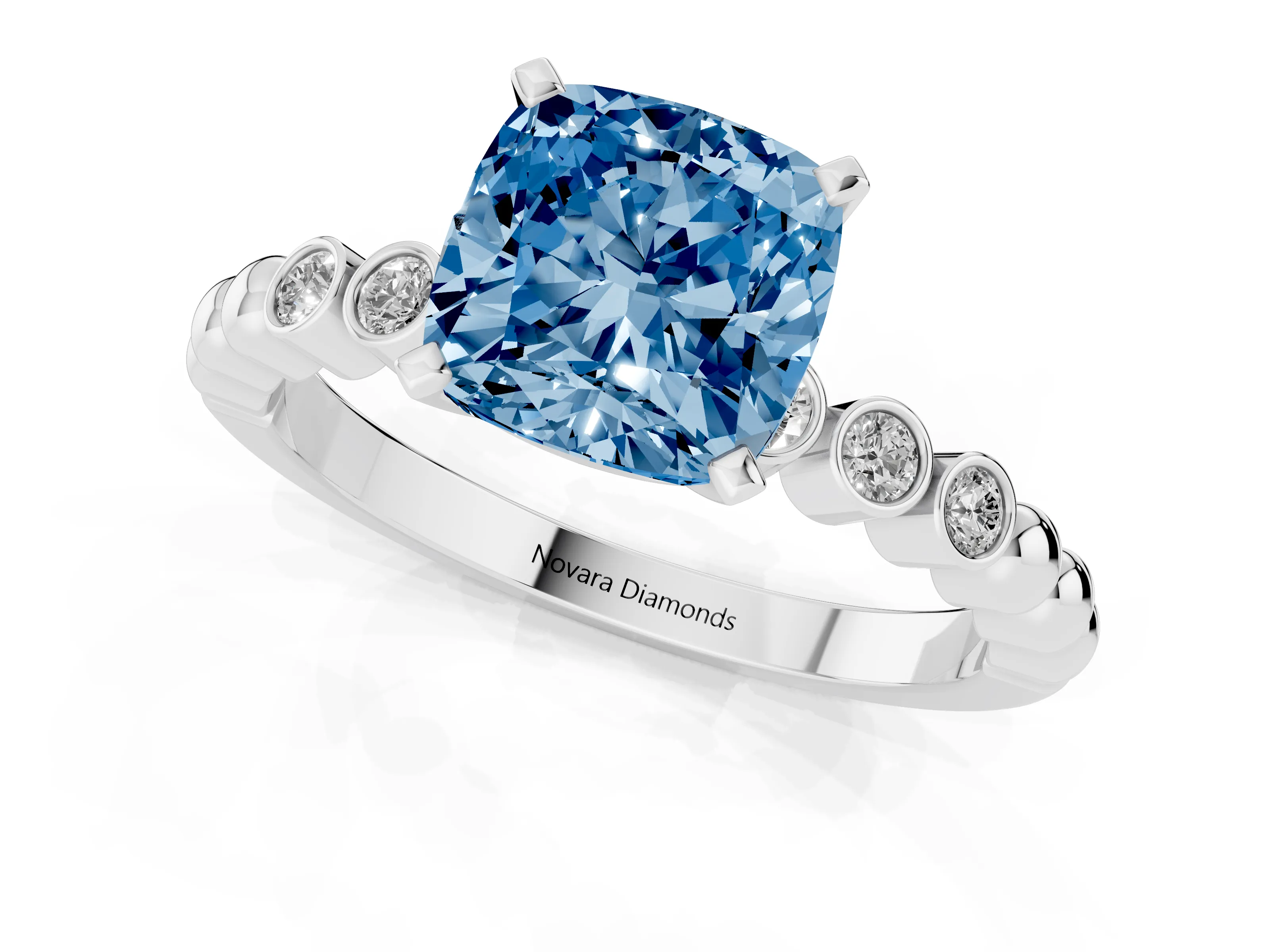 Fancy Blue Cushion Cut Diamond Solitaire Engagement Ring Set in White gold with Bezel Accents on Beaded Band
