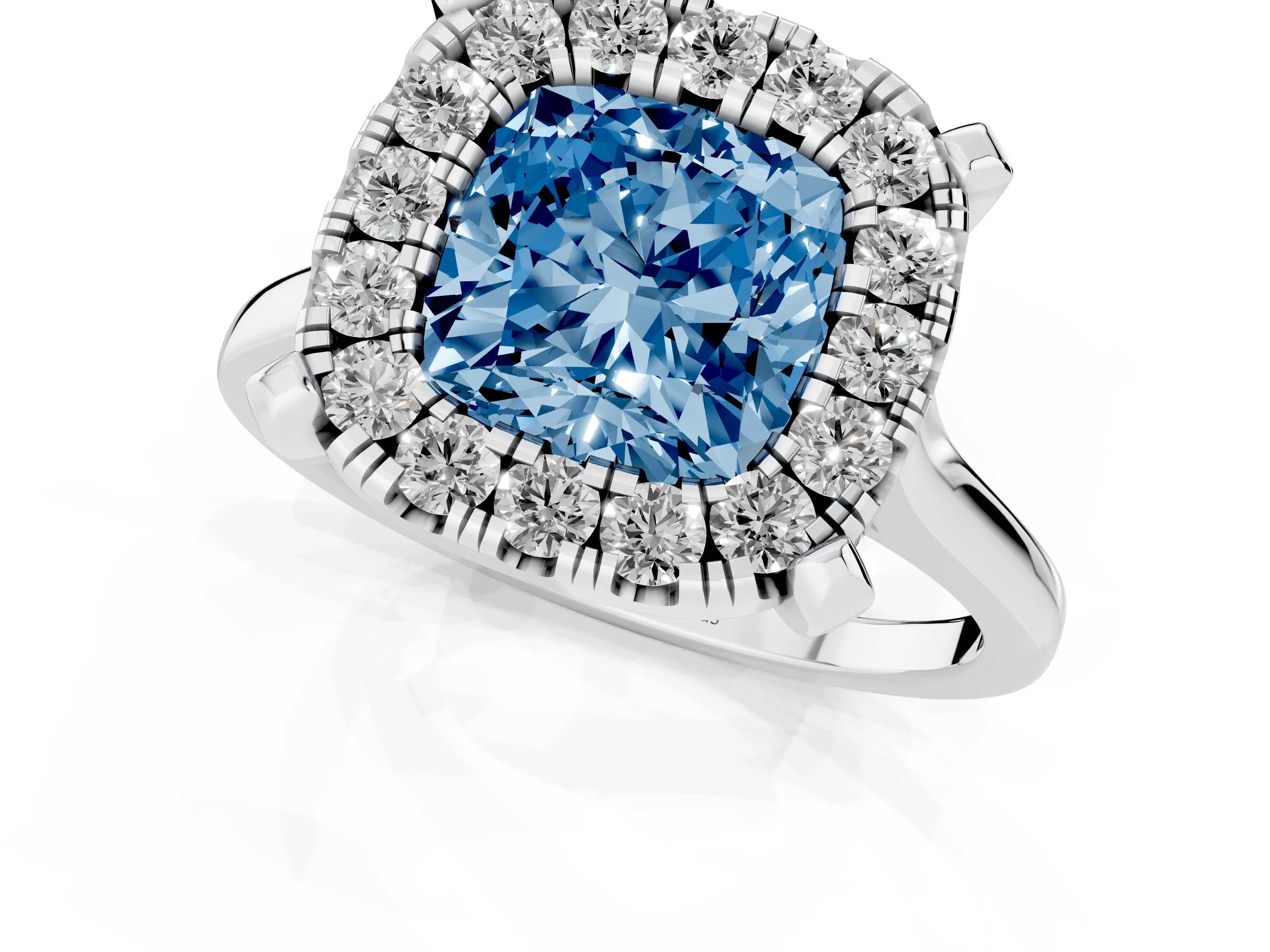 Fancy Blue Cushion Cut Diamond Cluster Halo Solitaire Ring Set in Silver with Prong Setting