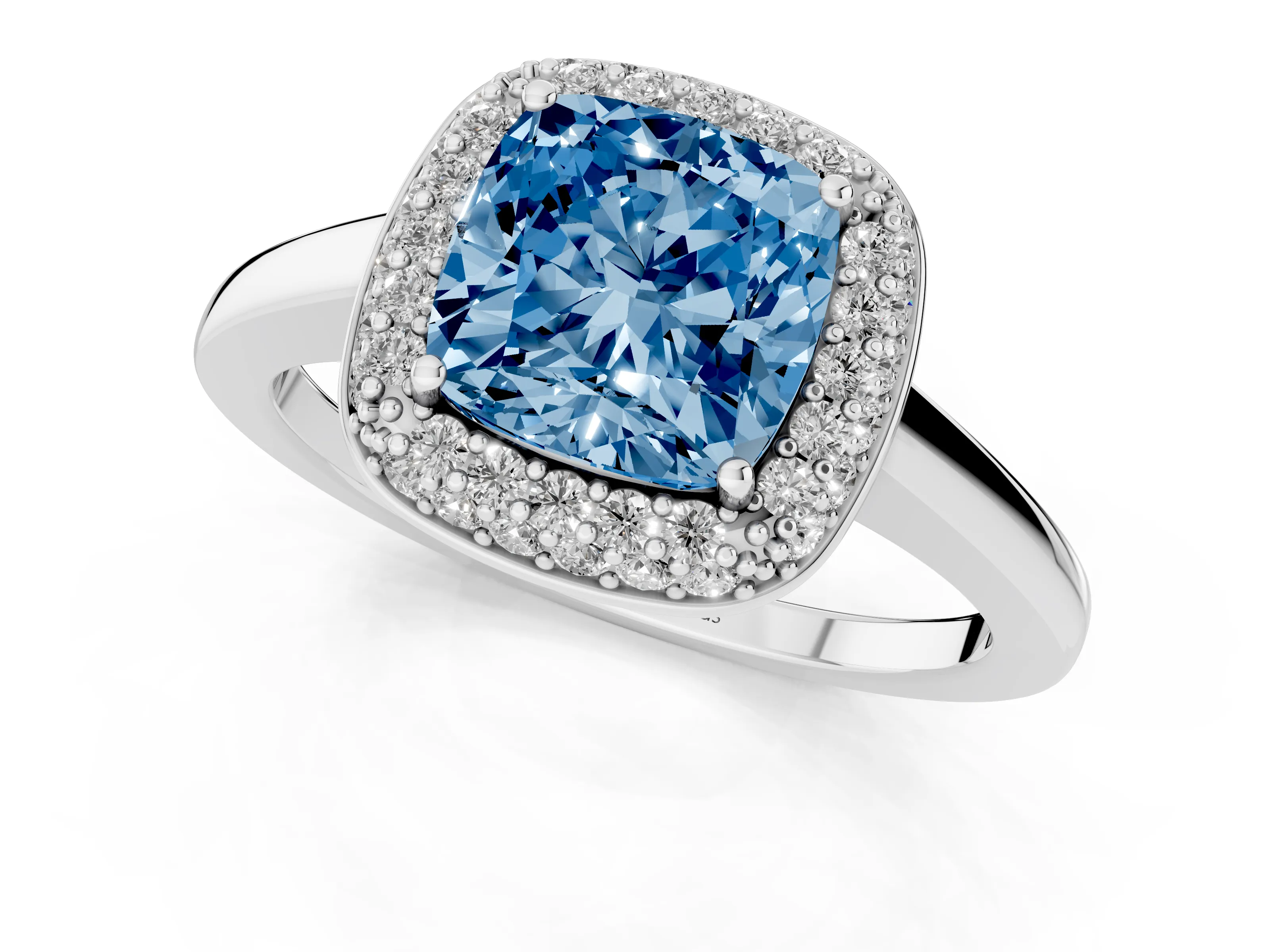 Fancy Blue Cushion Cut Diamond Halo Engagement Ring Set in Silver with Solitaire Band and Prong Setting