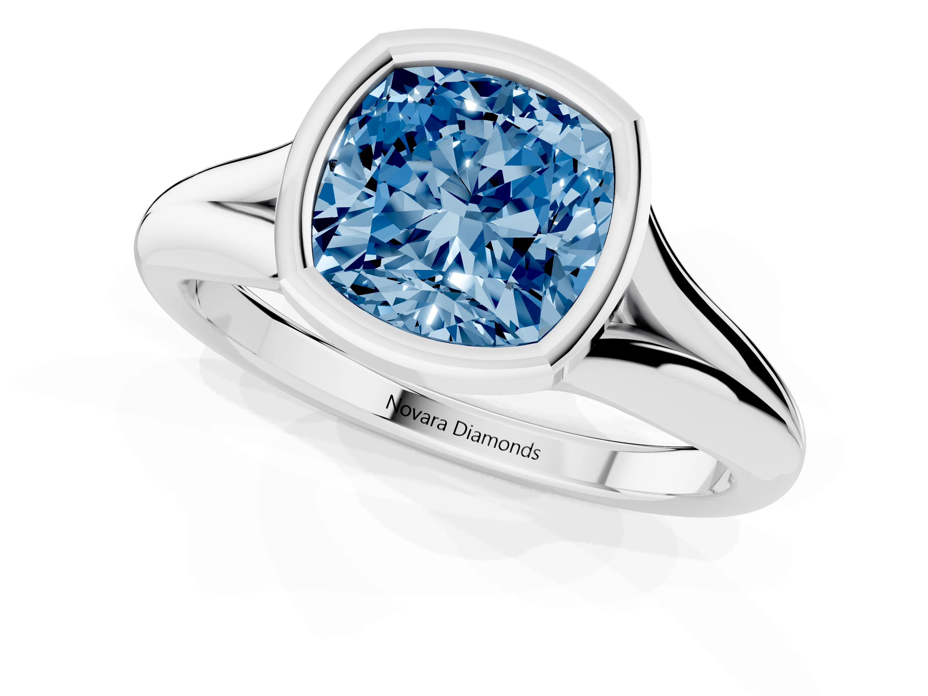 Fancy Blue Bezel Set Cushion Cut Diamond Solitaire Ring Set in Platinum with Smooth Band