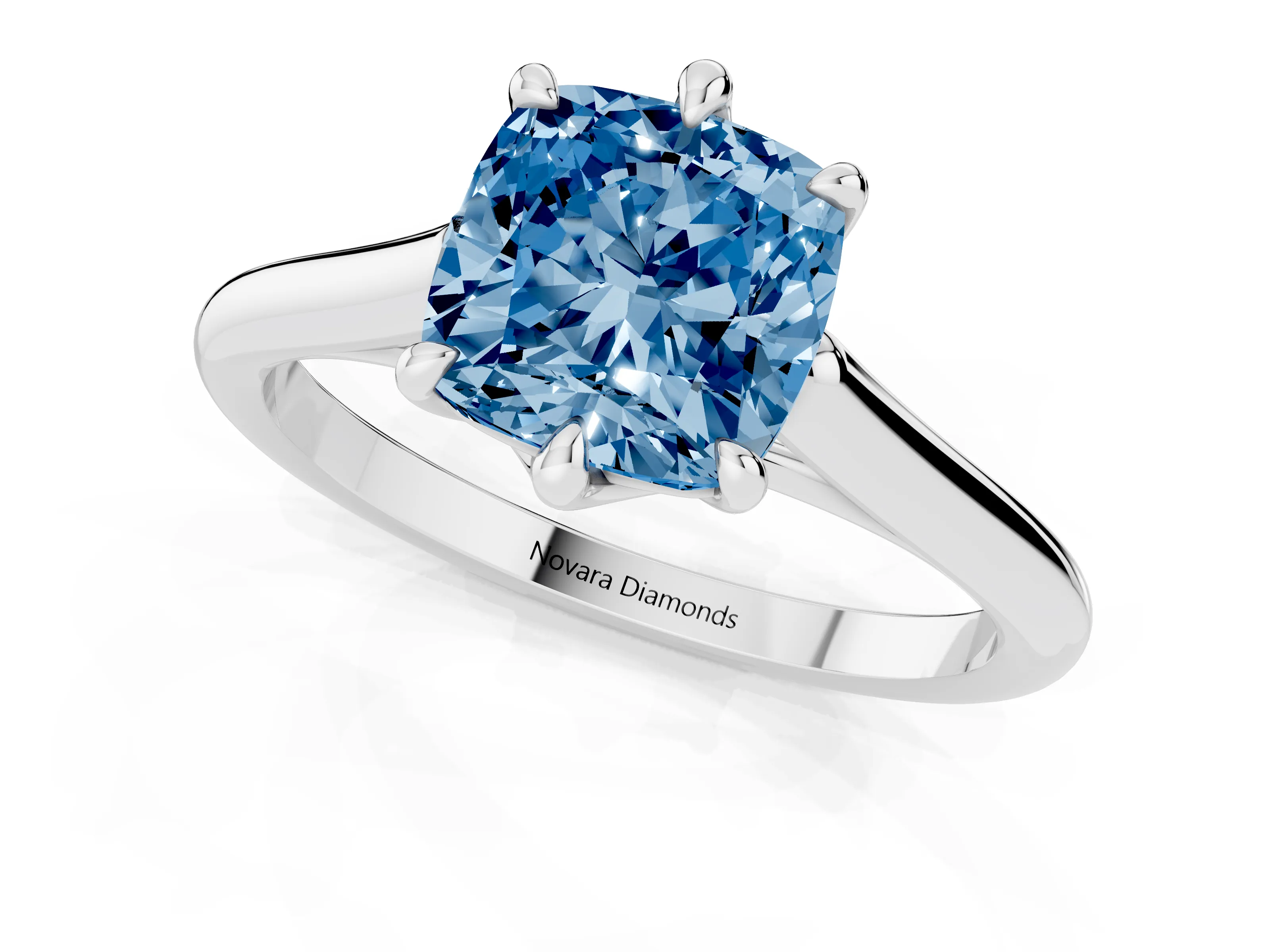 Fancy Blue Cushion Cut Diamond Solitaire Engagement Ring Set in White gold with Prong Setting and Plain Classic Band