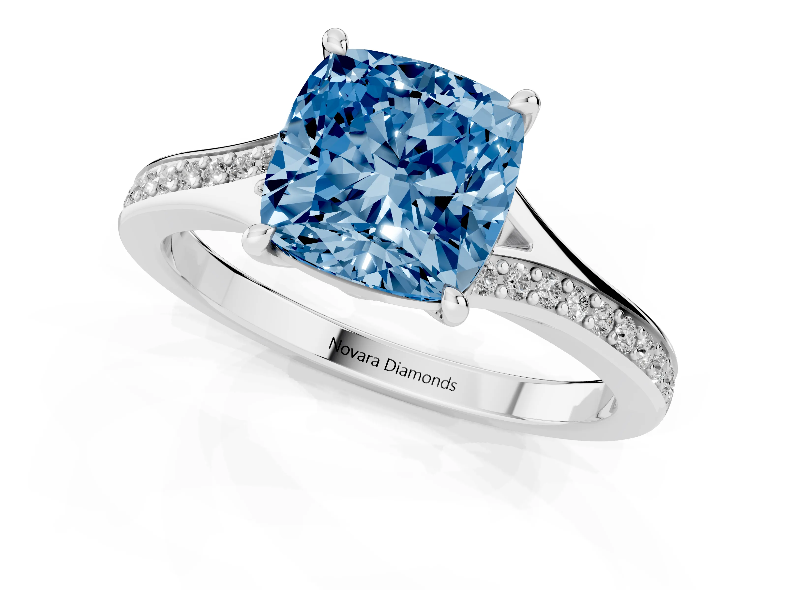 Fancy Blue Cushion Cut Diamond Solitaire Ring Set in Silver with Pavé Accent Band and Classic Prong Setting