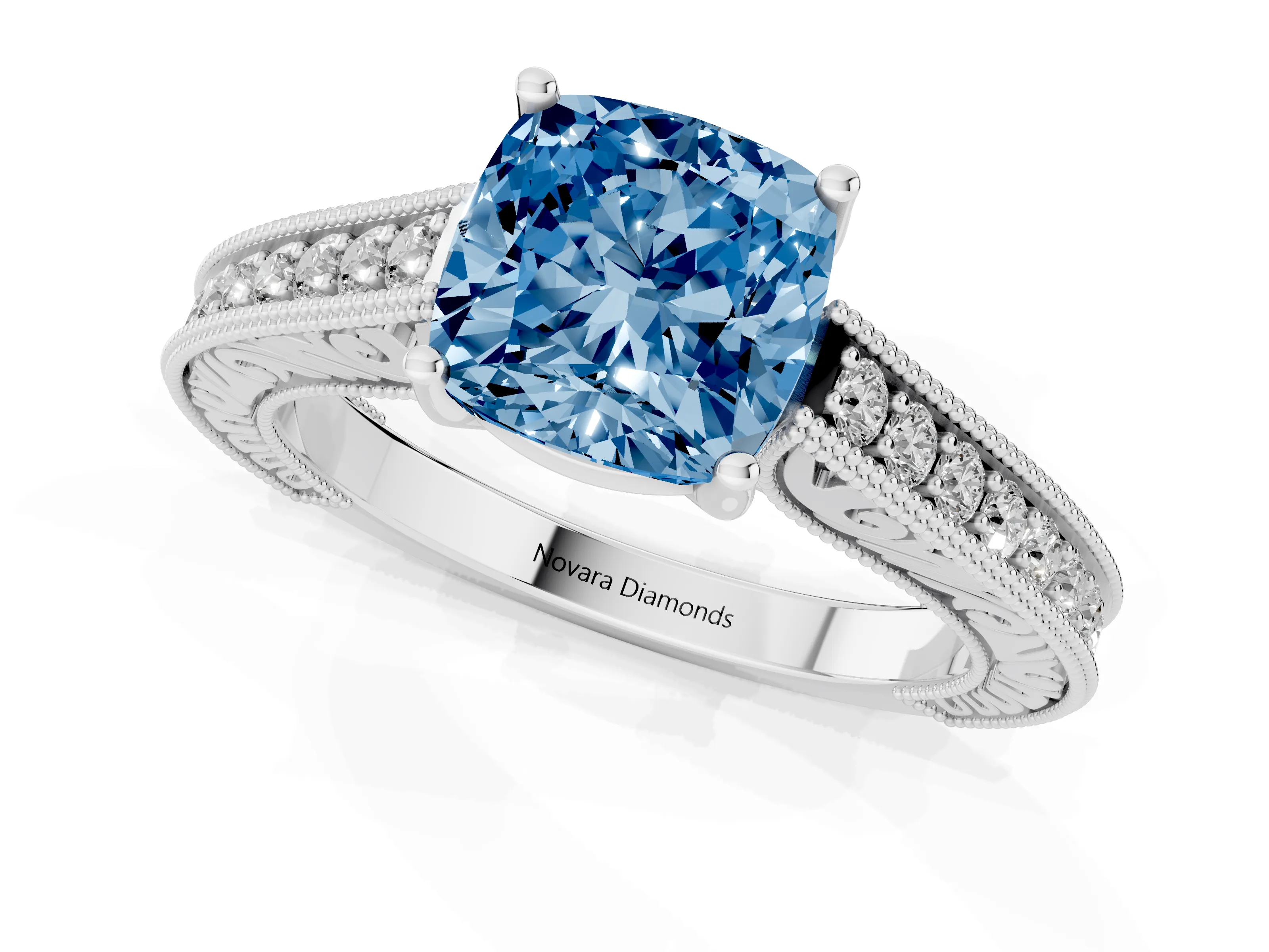 Fancy Blue Cushion Cut Diamond Milgrain Pavé Band Solitaire Ring Set in White gold with Prong Setting