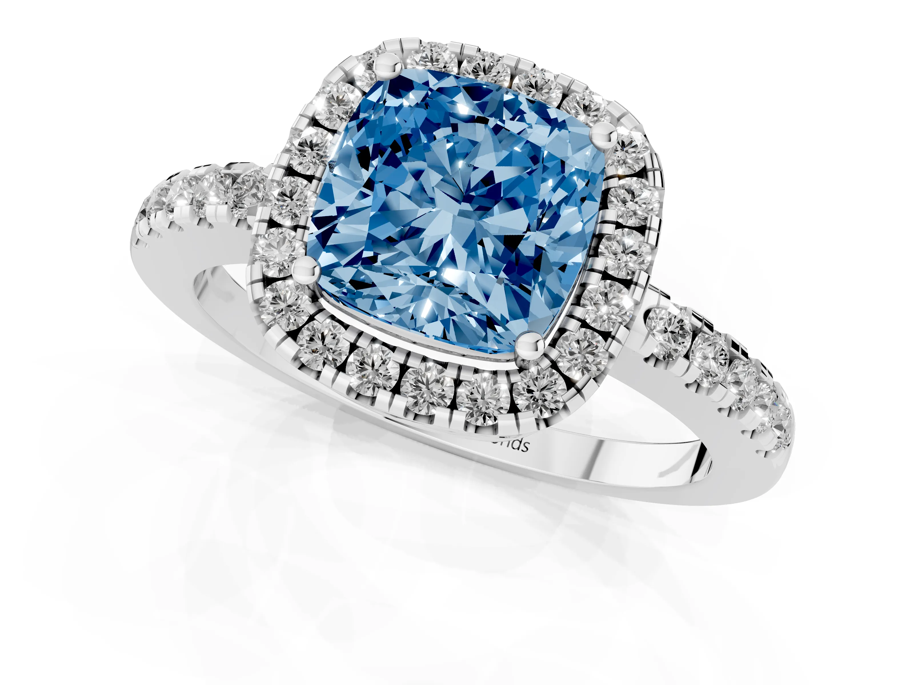 Fancy Blue Cushion Cut Diamond Pavé Band Halo Engagement Ring Set in Platinum with Prong Setting