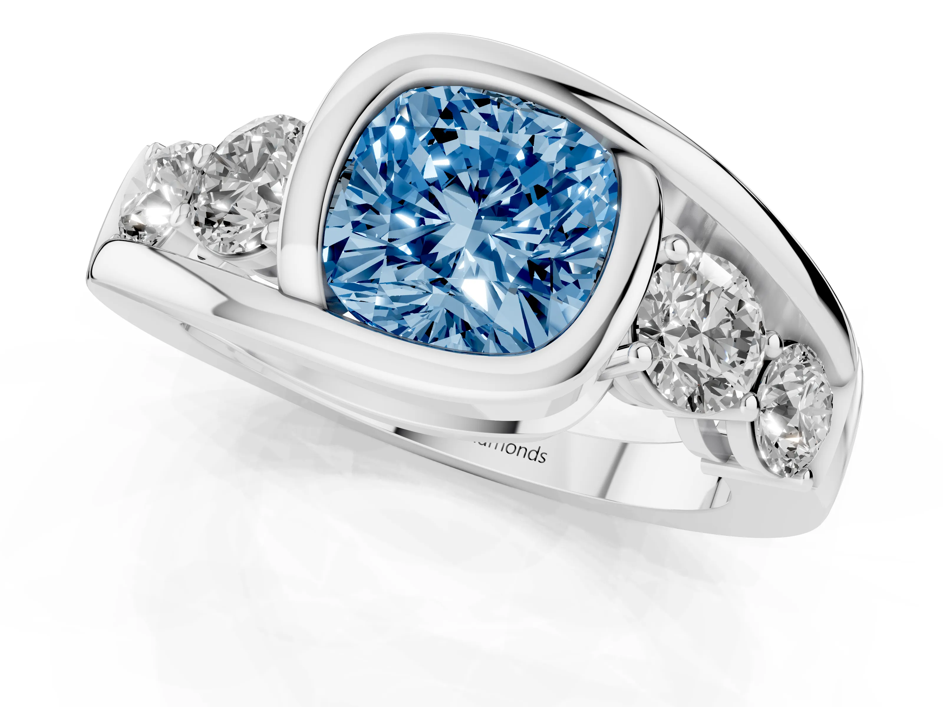Fancy Blue Cushion Cut Diamond Bezel Bypass Ring Set in Silver with Round Accents