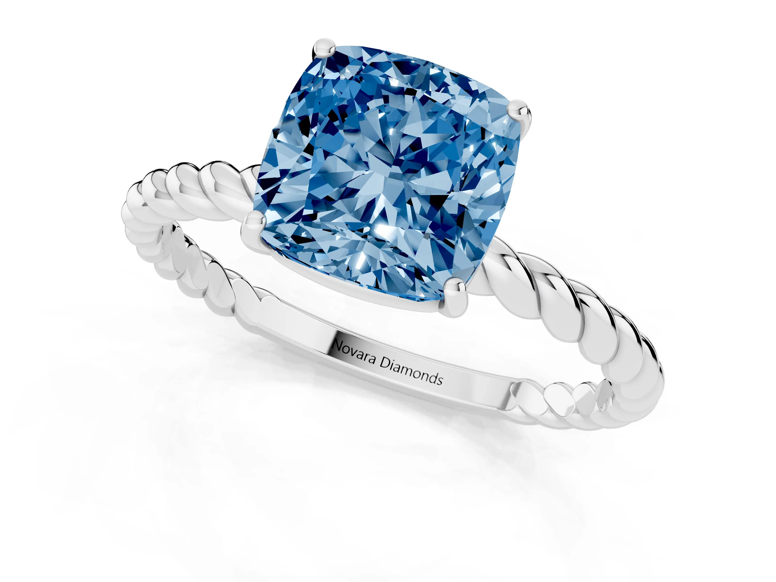 Fancy Blue Cushion Cut Diamond Solitaire Ring Set in Platinum with Twist Band and Prong Setting