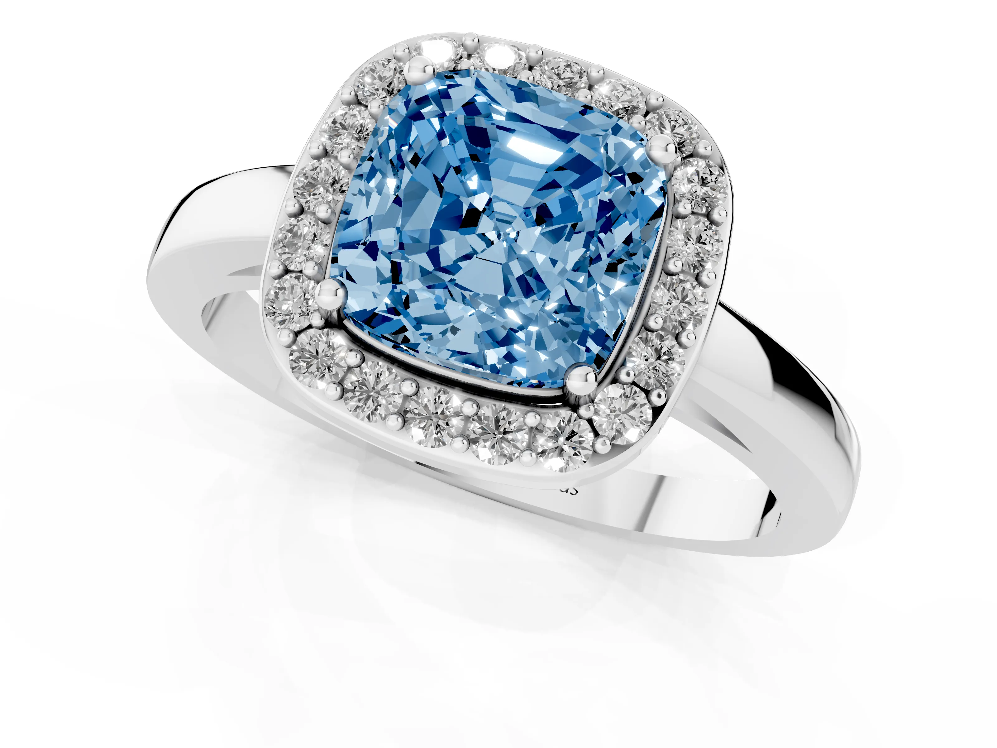 Fancy Blue Cushion Cut Diamond Halo Ring Set in Platinum with Solitaire Band and Prong Setting