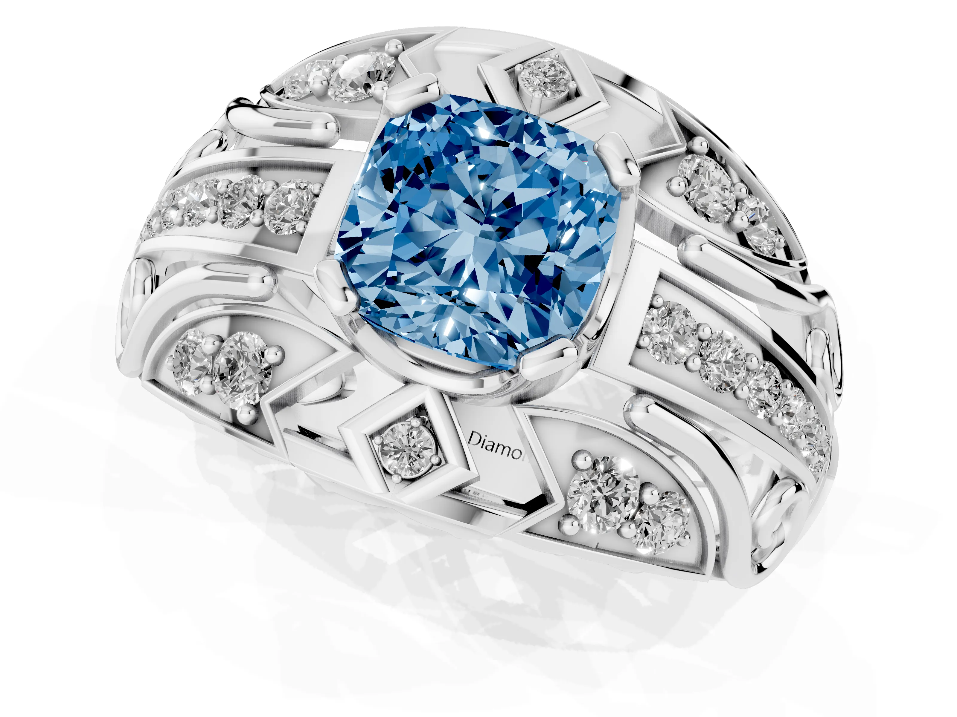 Fancy Blue Cushion Cut Diamond Art Deco Ring Set in Silver with Pavé Split Shank
