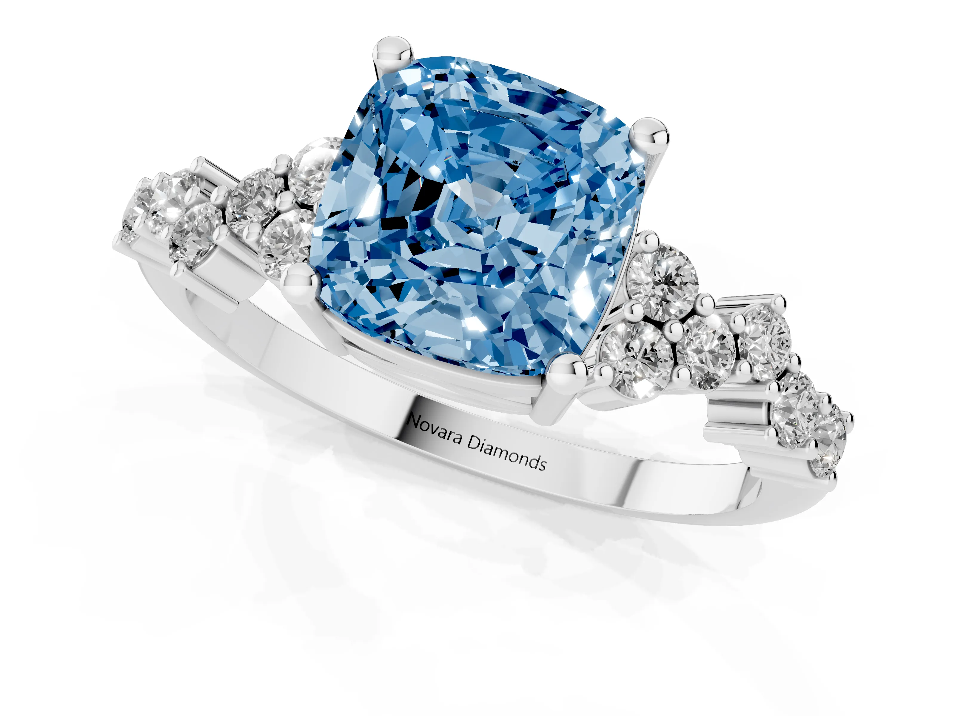 Fancy Blue Cushion Cut Diamond Ring Set in White gold with Scattered Round Accents