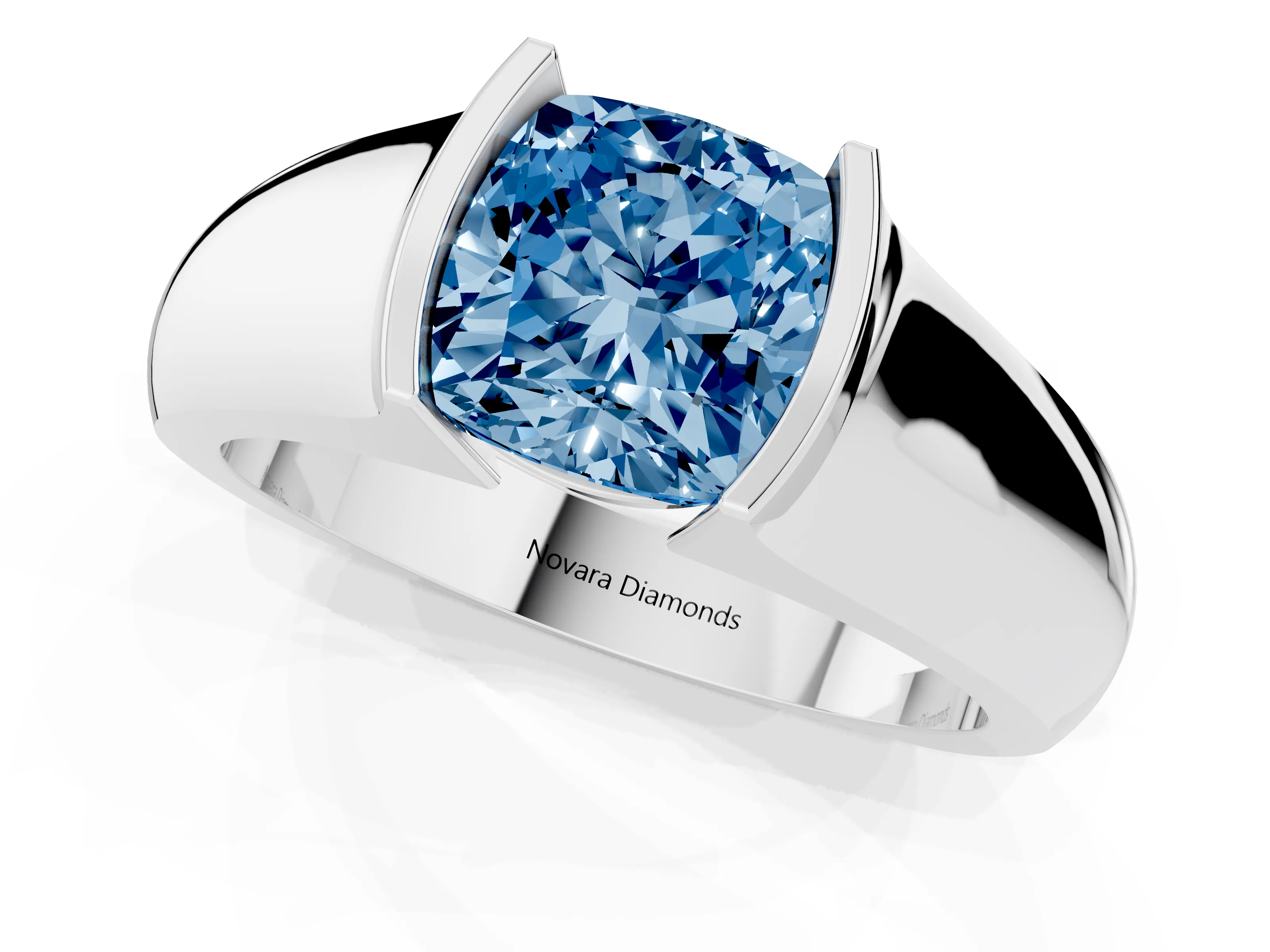 Fancy Blue Cushion Cut Diamond Bezel Solitaire Ring Set in White gold with Wide Band