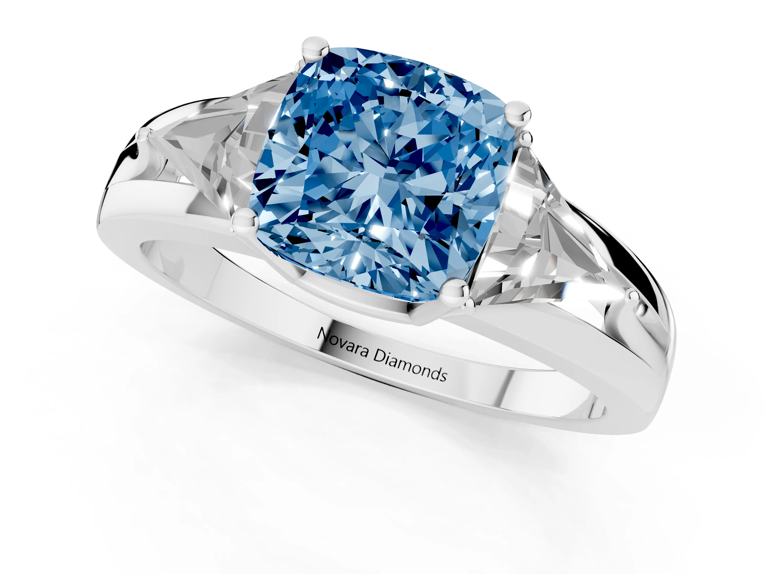 Fancy Blue Cushion Cut Diamond Three-Stone Ring Set in Platinum with Trillion Side Stones and Split Shank
