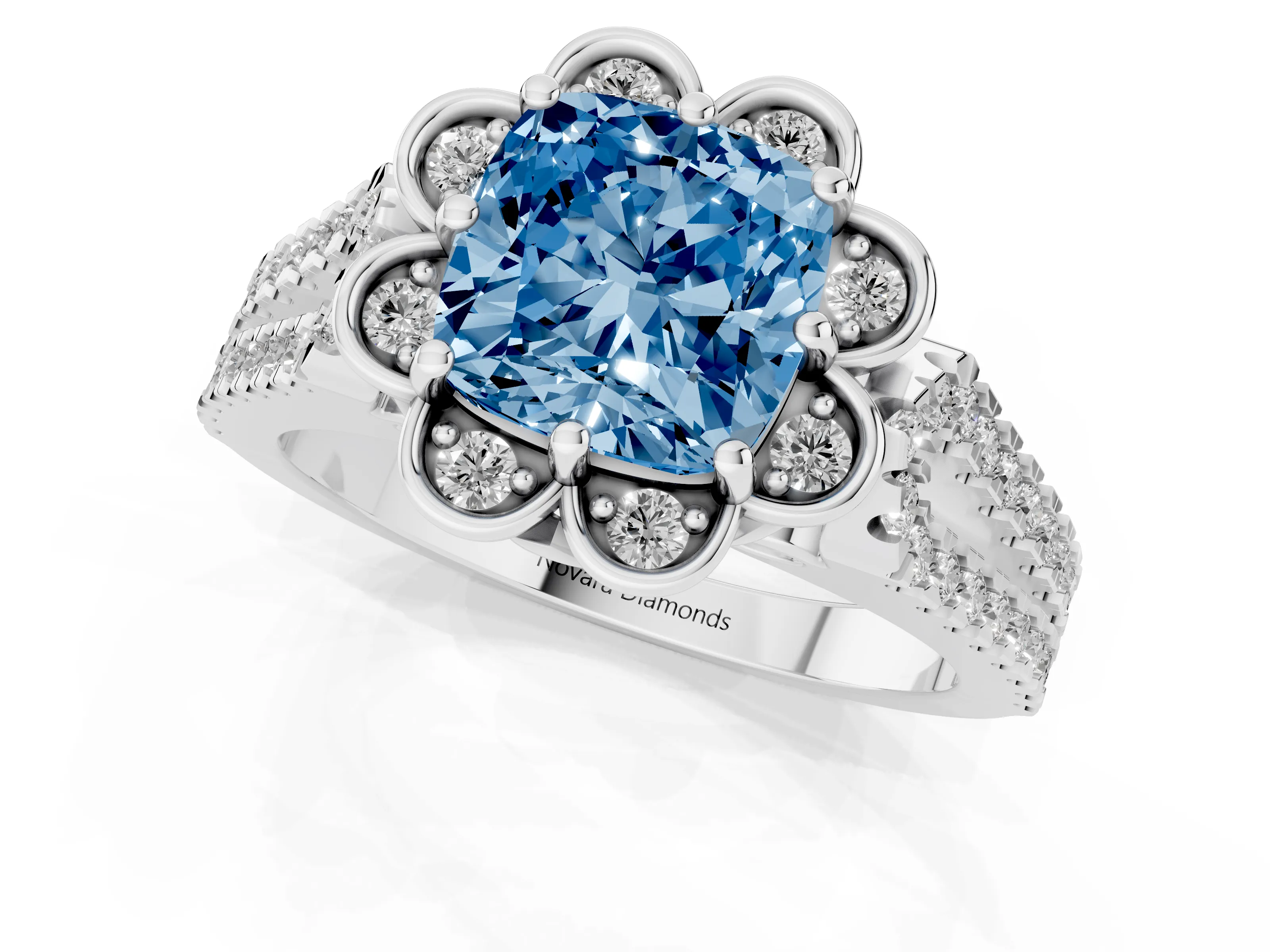 Fancy Blue Cushion Cut Diamond Floral Halo Split Shank Engagement Ring Set in Silver with Pavé Shank