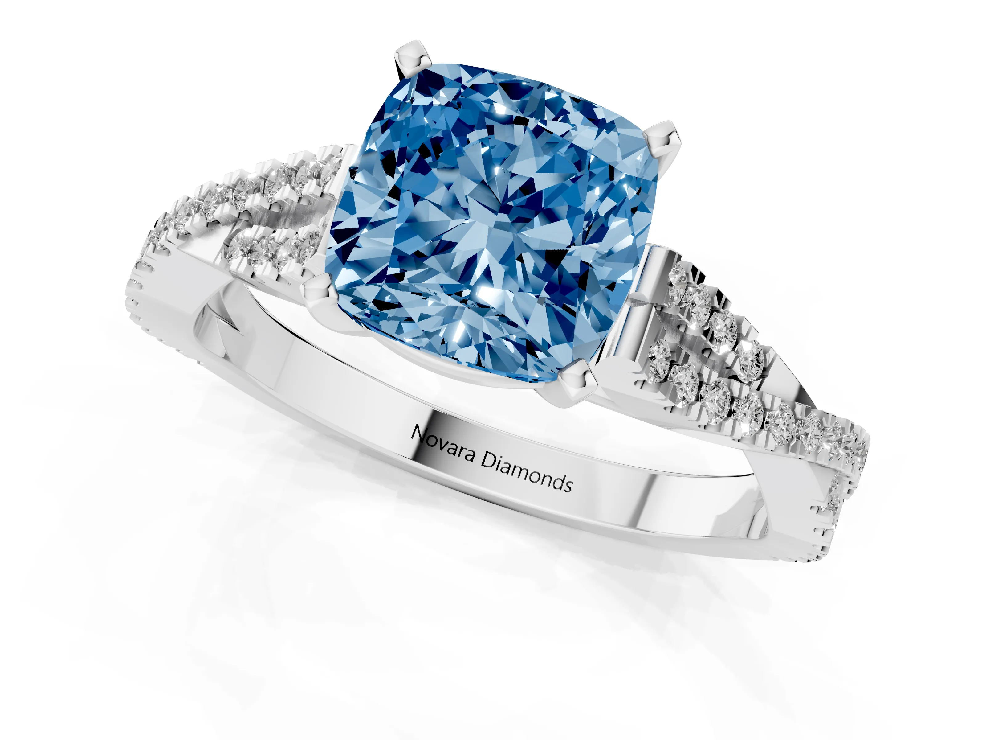 Fancy Blue Cushion Cut Diamond Solitaire Engagement Ring Set in Silver with Twisted Pavé Band and Prong Setting