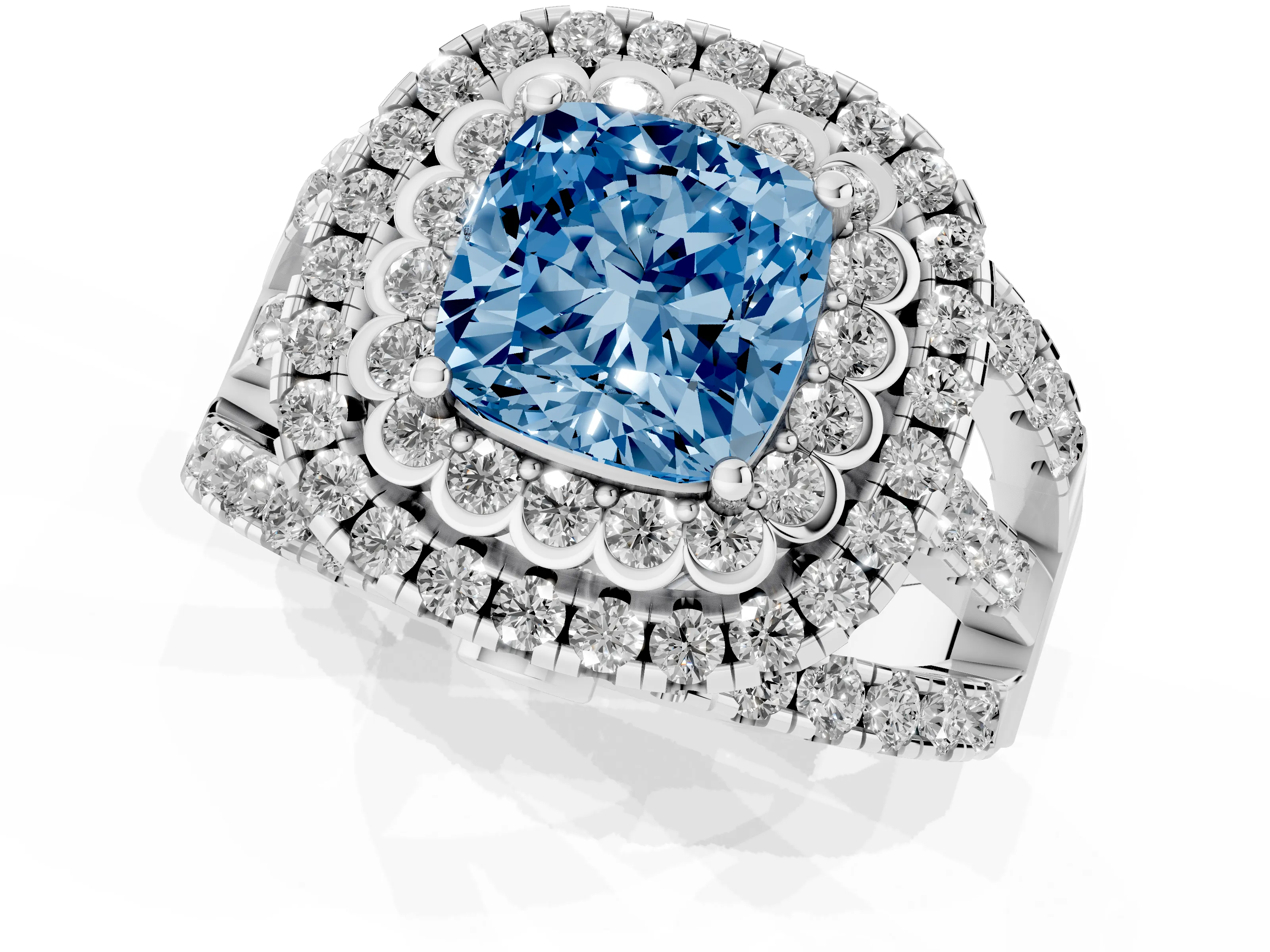 Fancy Blue Cushion Cut Diamond Double Halo Ring Set in White gold with Round Pavé Split Shank – second view