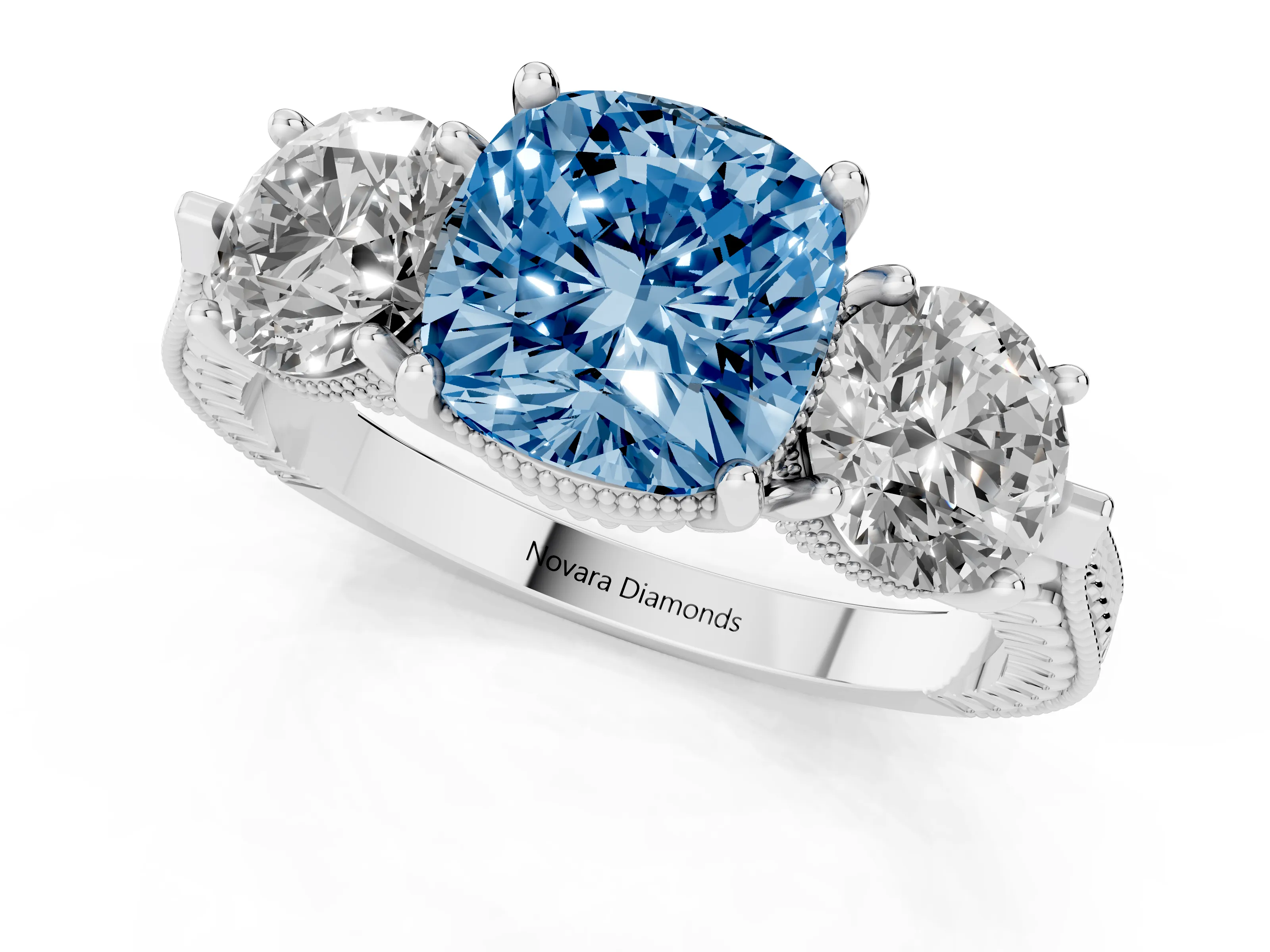 Fancy Blue Cushion Cut Diamond Three-Stone Ring Set in Silver with Milgrain Band