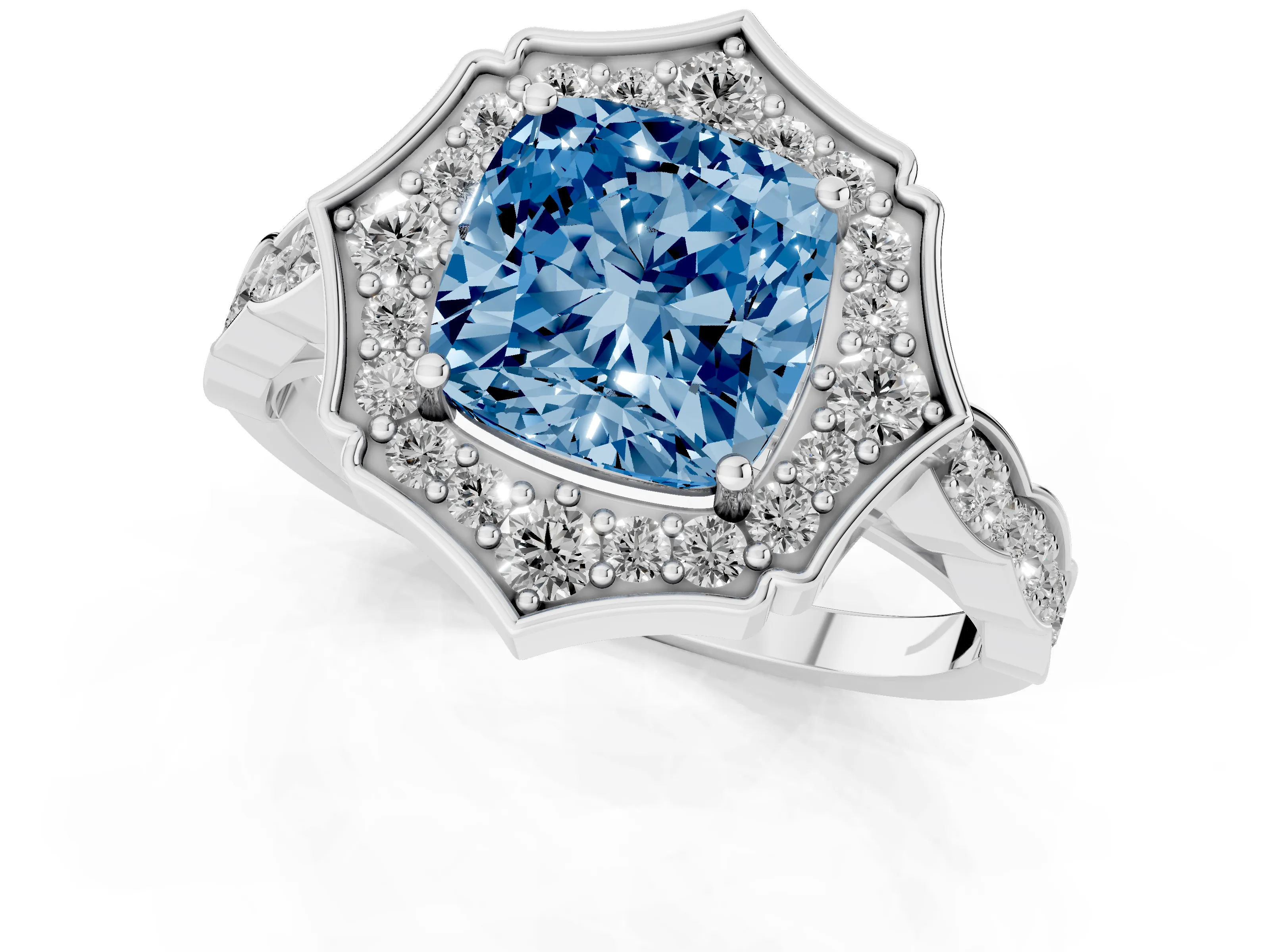 Fancy Blue Cushion Cut Diamond Halo Engagement Ring Set in White gold with Milgrain Band and Prong Setting