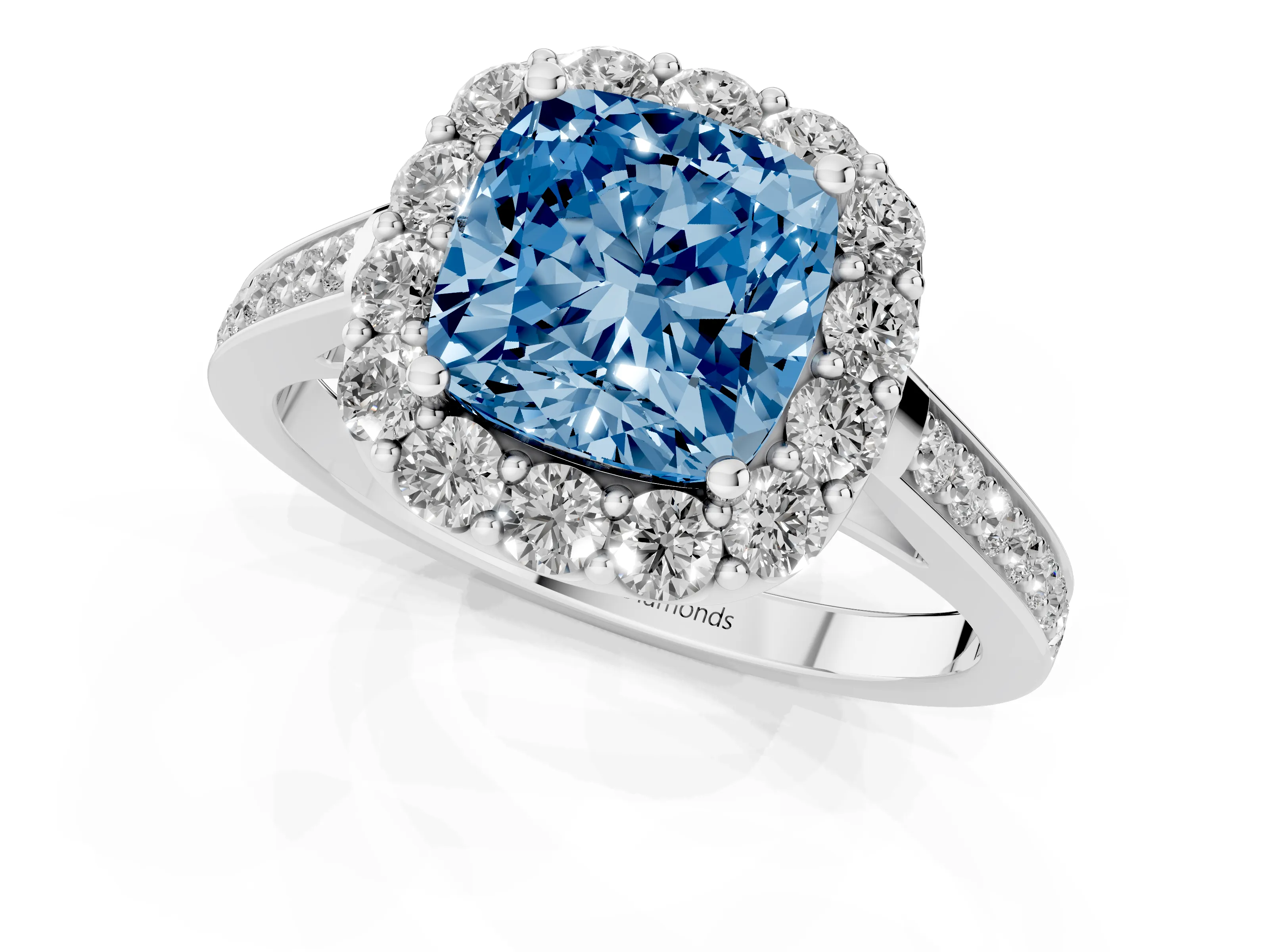 Fancy Blue Cushion Cut Diamond Floral Halo Ring Set in White gold with Pavé Band and Prong Setting