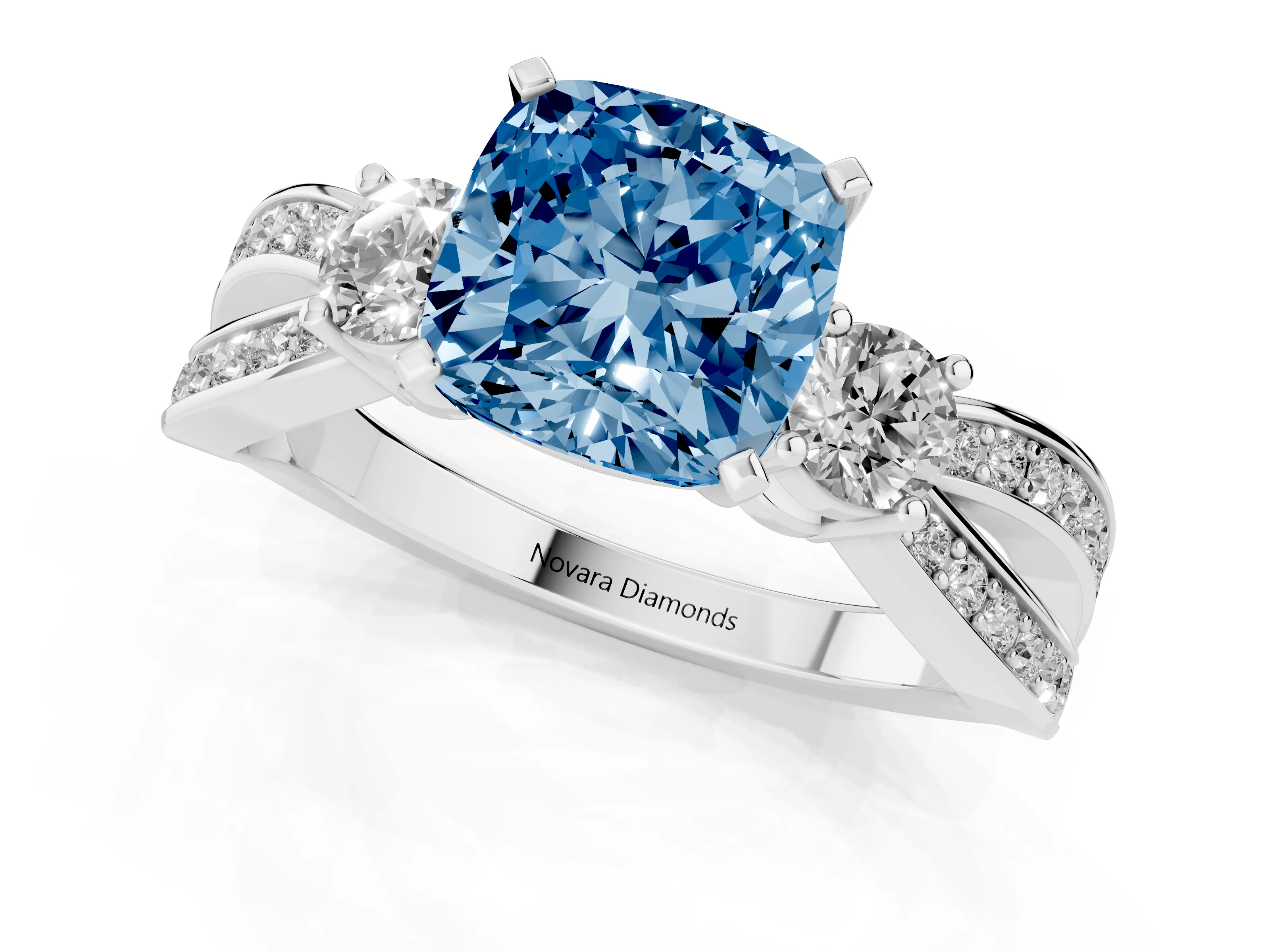 Fancy Blue Three-Stone Cushion Cut Diamond Twist Band Ring Set in Silver with Pavé Accents and Prong Setting