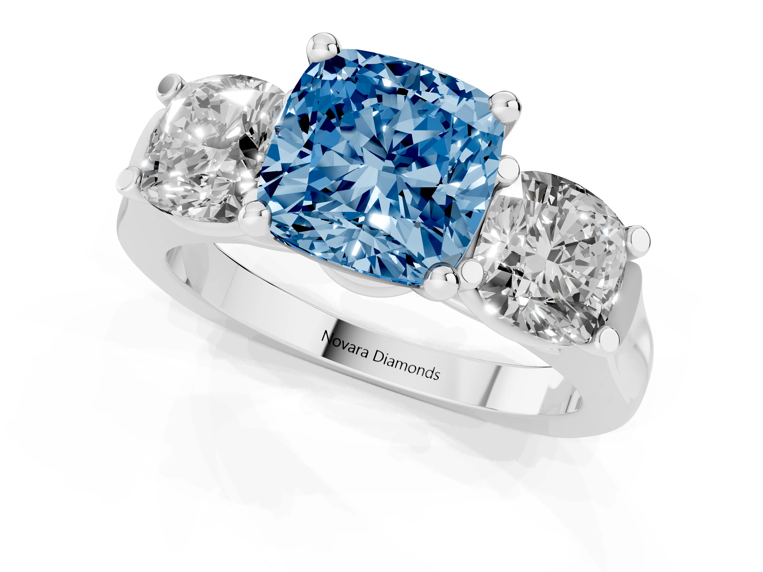 Fancy Blue Cushion Cut Diamond Three-Stone Trellis Ring Set in White gold with Comfort Fit Band