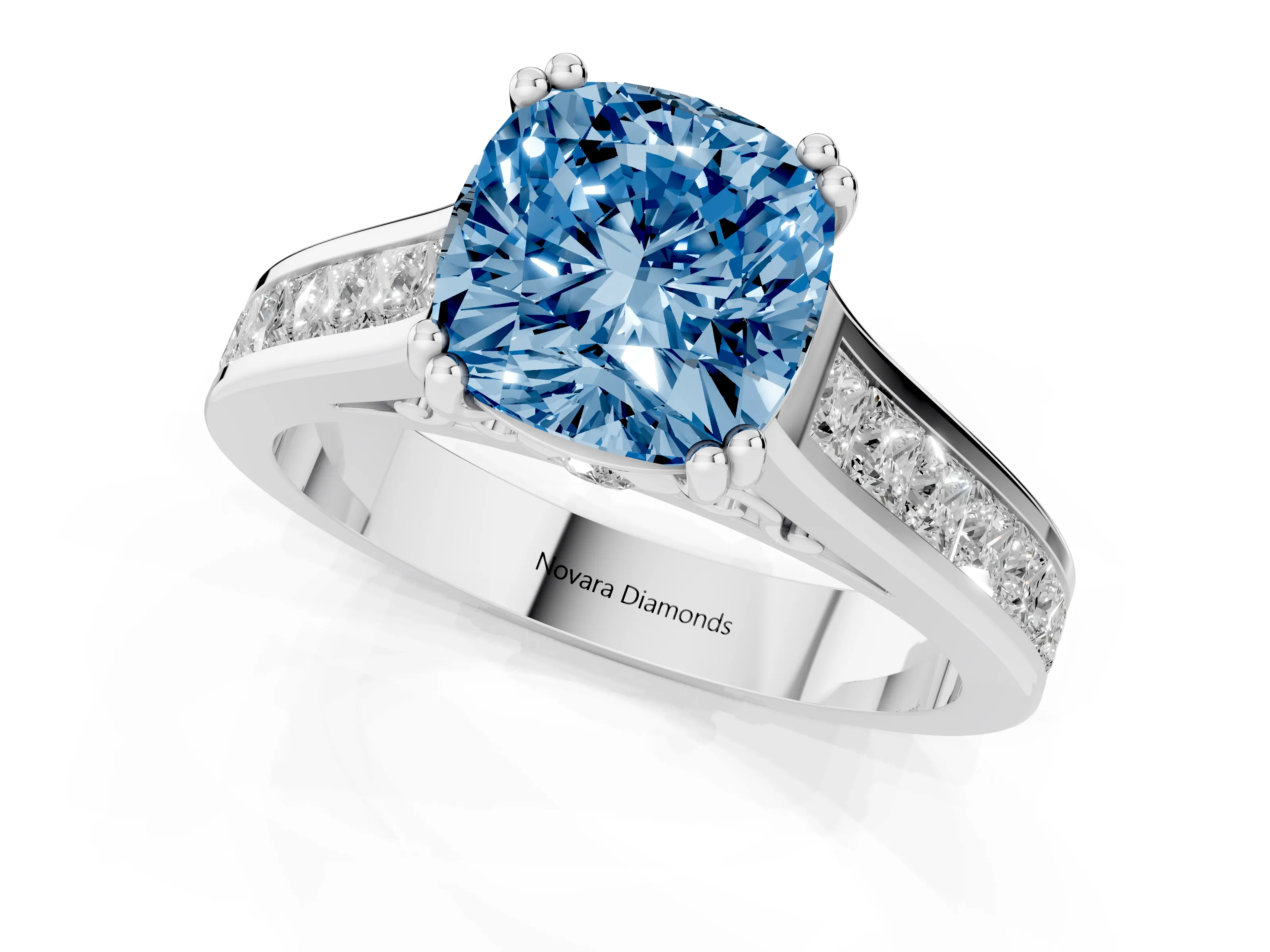 Fancy Blue Cushion Cut Diamond Channel Set Solitaire Engagement Ring Set in Platinum with Prong Setting