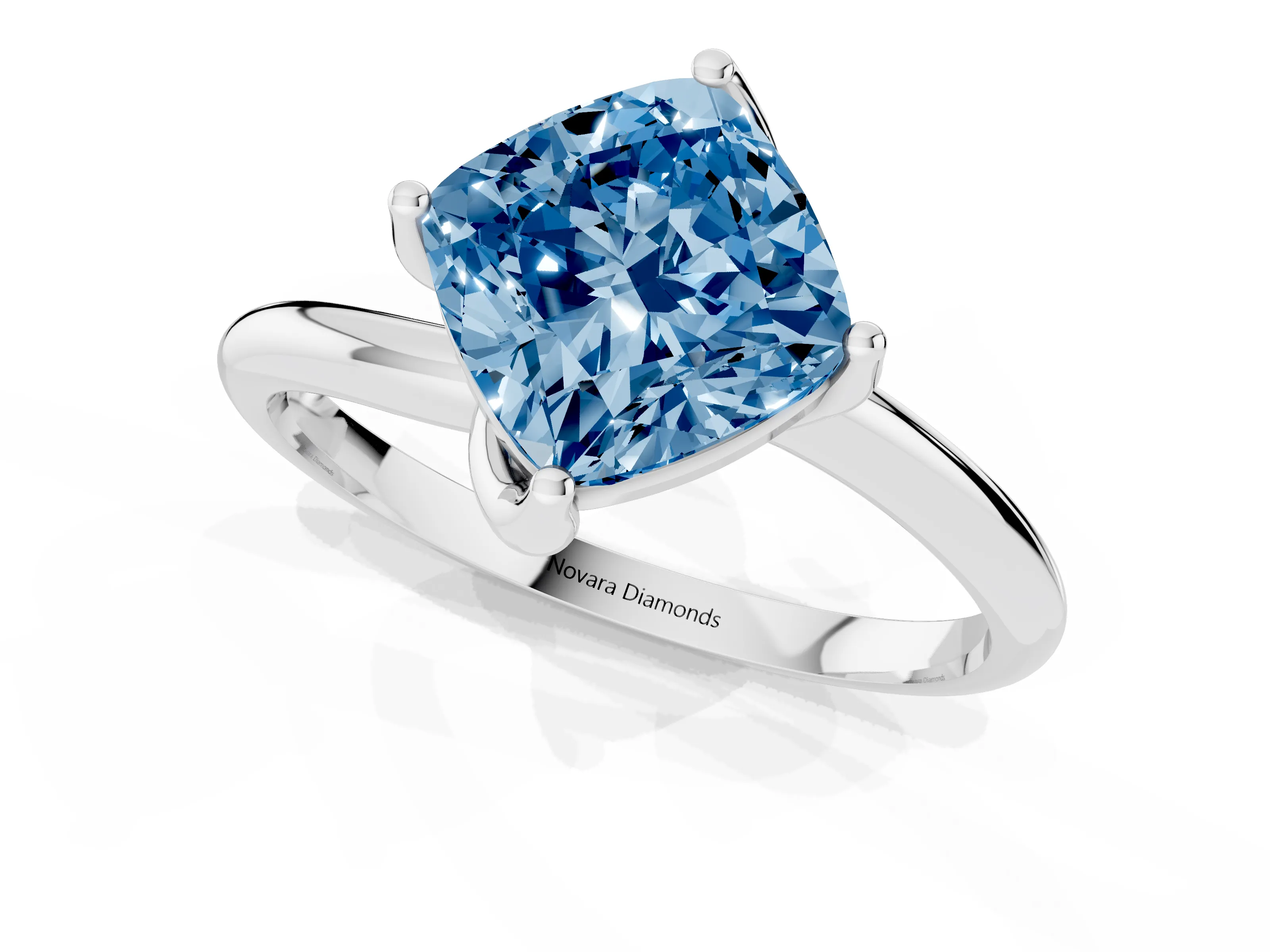 Fancy Blue Cushion Cut Diamond Solitaire Engagement Ring Set in Platinum with Classic Plain Band