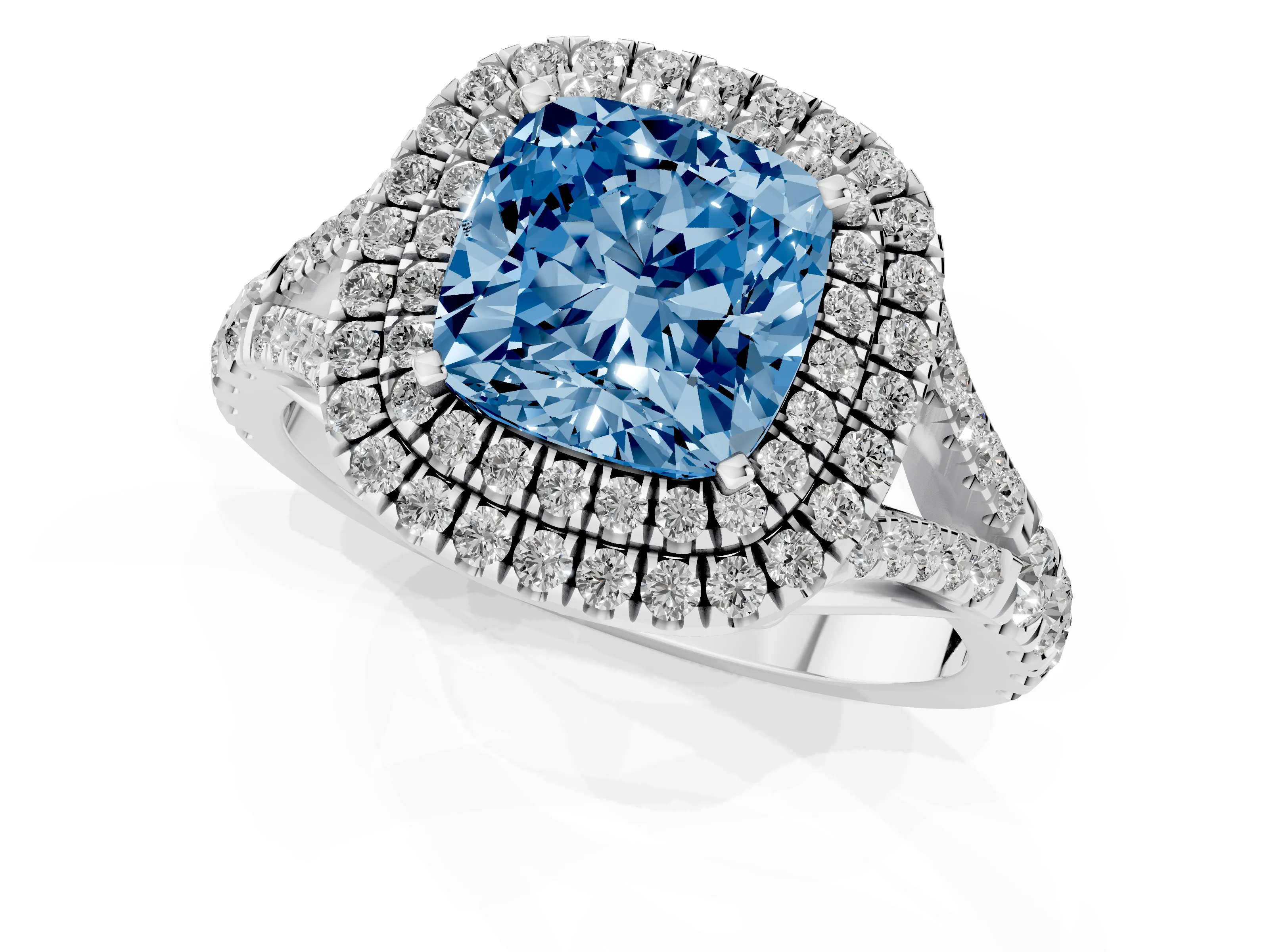 Fancy Blue Cushion Cut Diamond Pavé Split Shank Double Halo Engagement Ring Set in Silver
