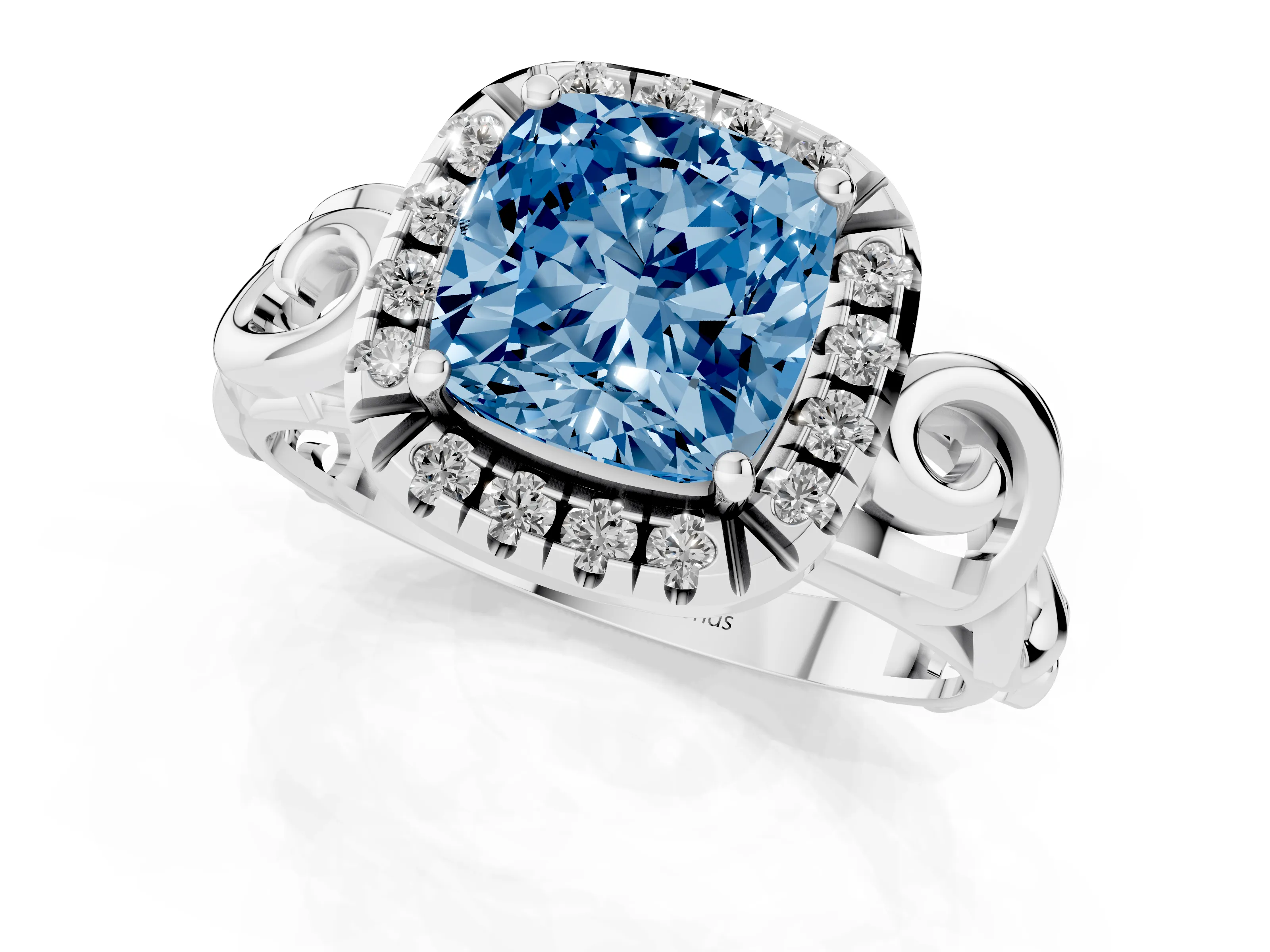 Fancy Blue Cushion Cut Diamond Halo Ring Set in Platinum with Scrollwork Band and Prong Setting