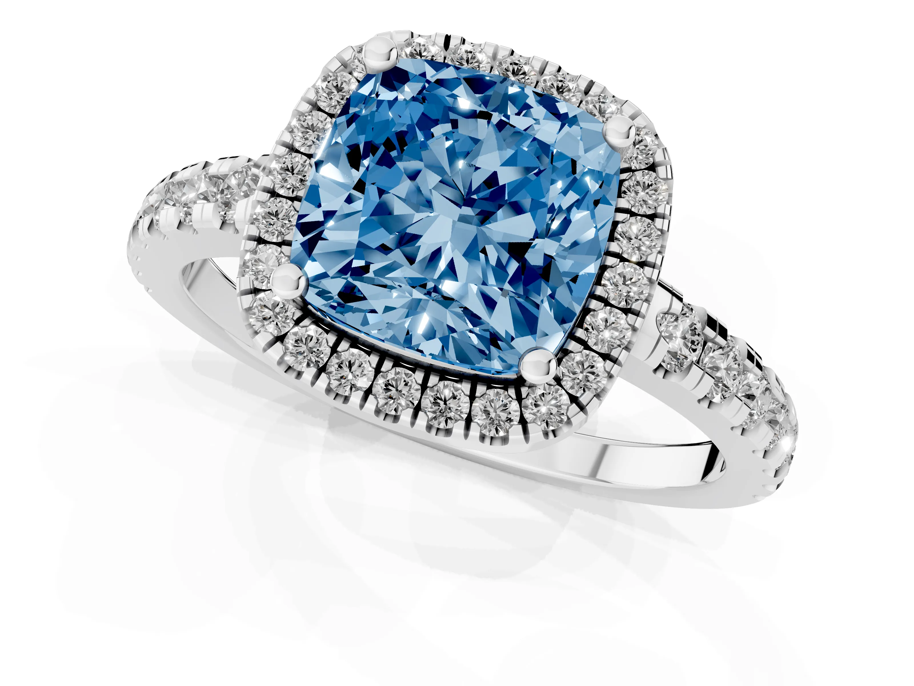 Fancy Blue Cushion Cut Diamond Halo Ring Set in White gold with Delicate Pavé Band and Prong Setting