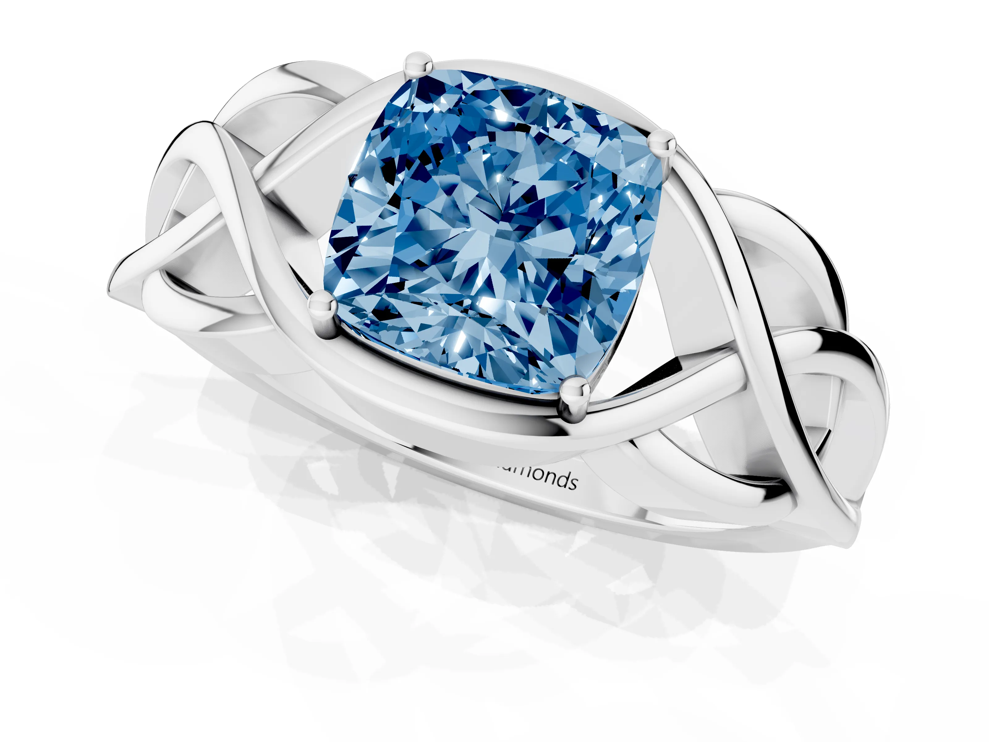 Fancy Blue Cushion Cut Diamond Solitaire Ring Set in Silver with Intertwined Band