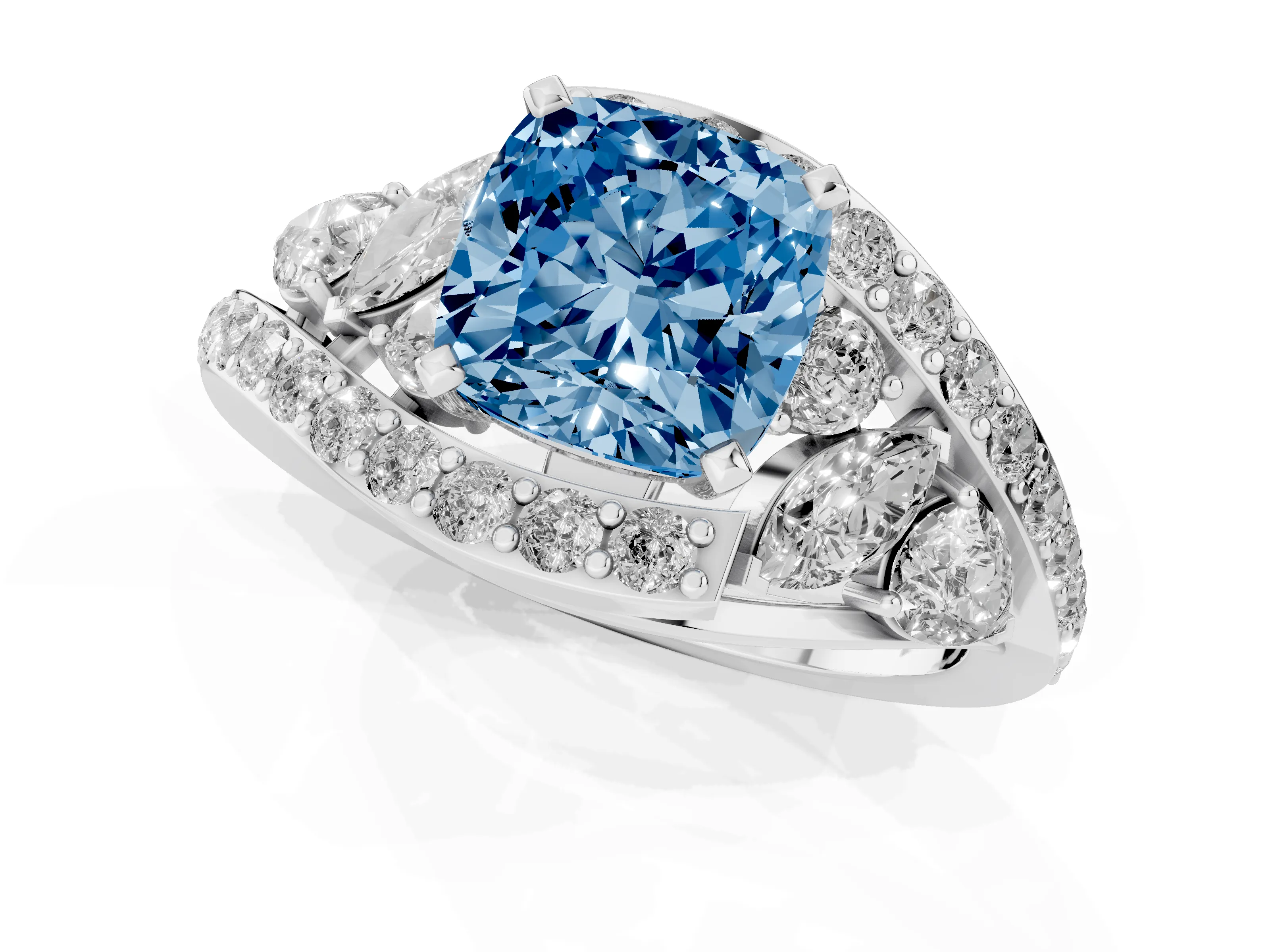 Fancy Blue Cushion Cut Diamond Halo Ring Set in White gold with Marquise and Pavé Band in Prong Setting