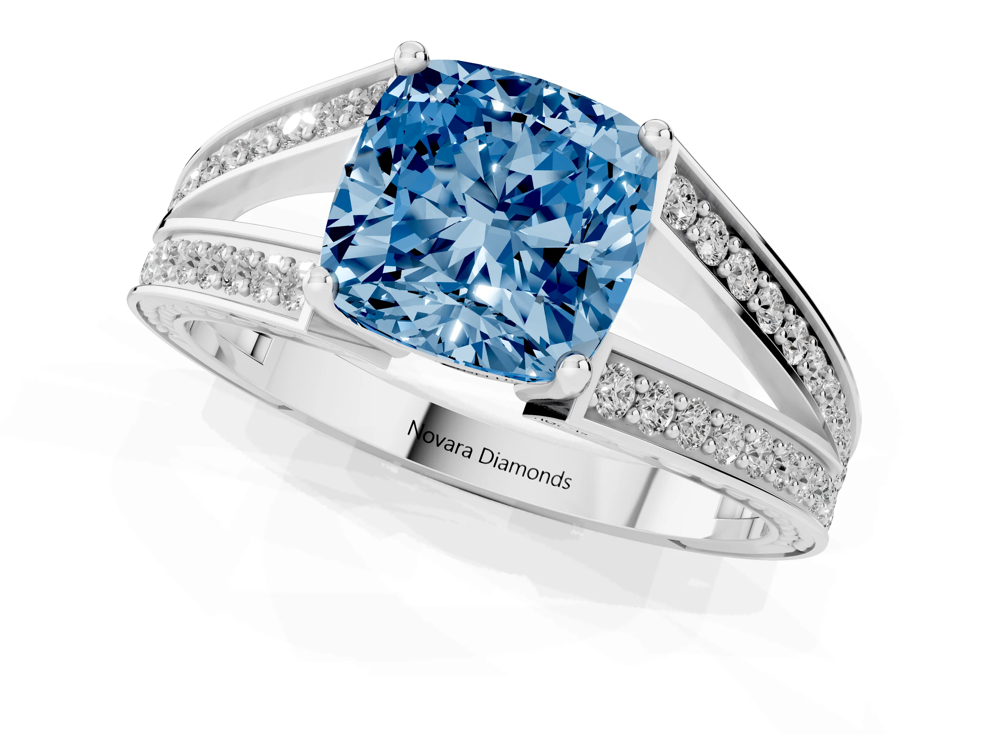 Fancy Blue Cushion Cut Diamond Split Shank Ring Set in White gold with Pavé Band and Prong Setting