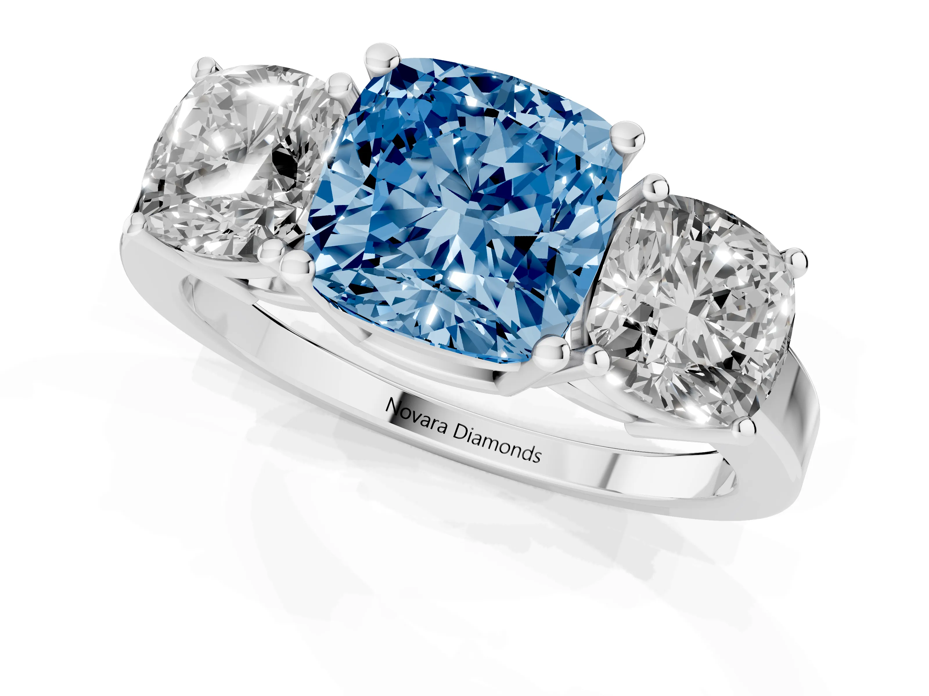 Fancy Blue Cushion Cut Diamond Three-Stone Engagement Ring Set in White gold with Flat Band