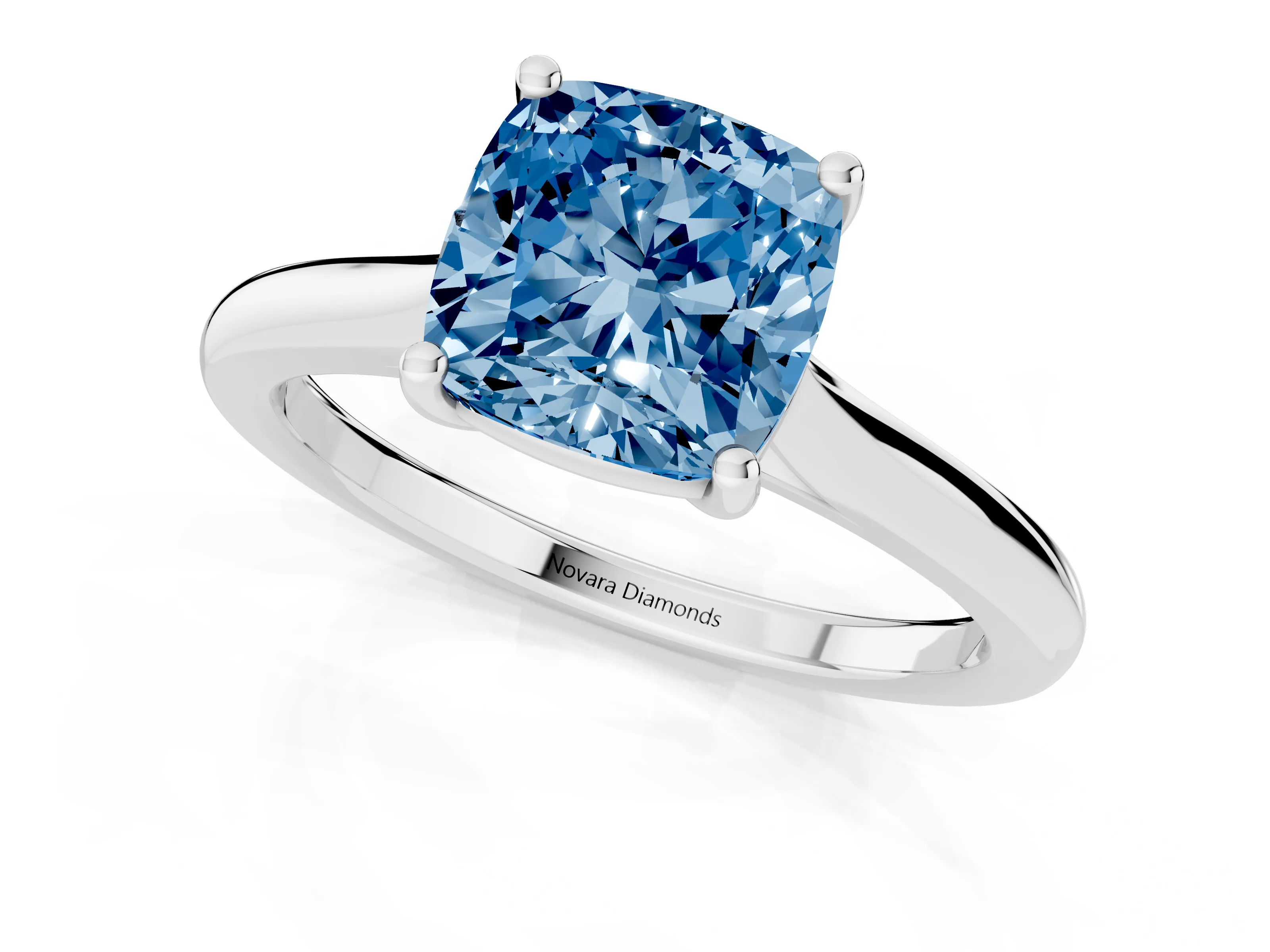 Fancy Blue Cushion Cut Diamond Solitaire Ring Set in Silver with Cathedral Band and Prong Setting