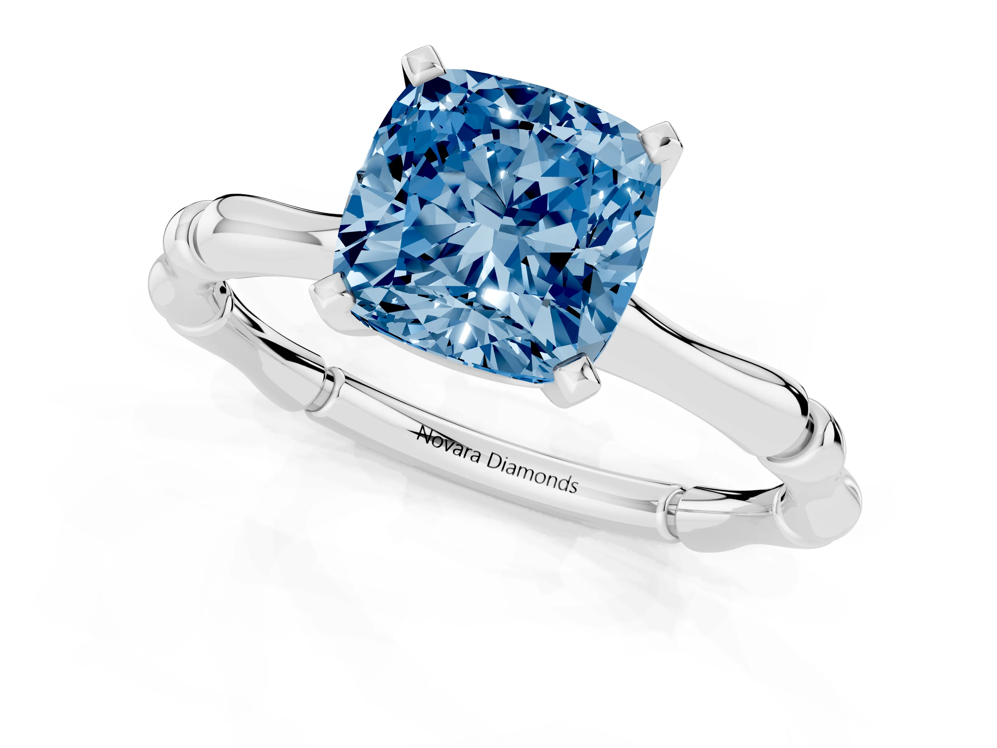 Fancy Blue Cushion Cut Diamond Solitaire Ring Set in White gold with Bamboo Band and Prong Setting