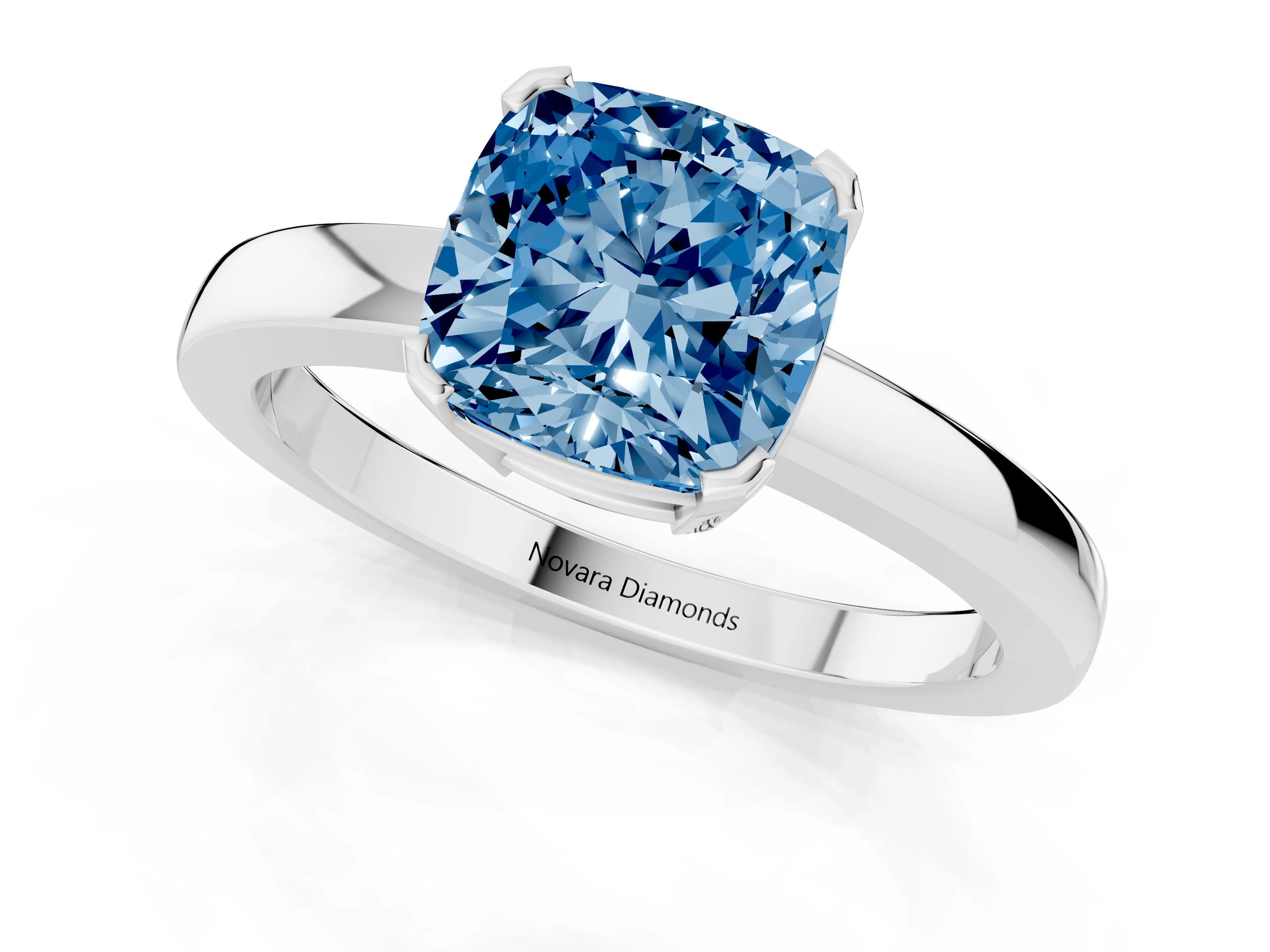 Fancy Blue Cushion Cut Diamond Solitaire Ring Set in Silver with Prong Head and Smooth Polished Band