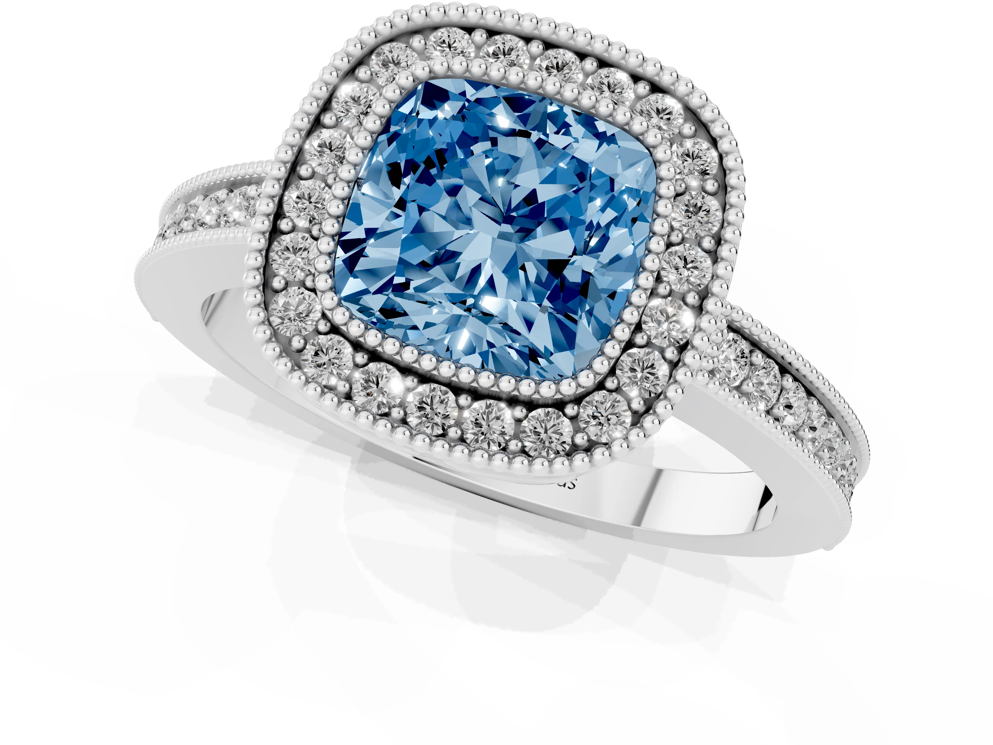 Fancy Blue Cushion Cut Diamond Round Halo Ring Set in Platinum with Pavé Band
