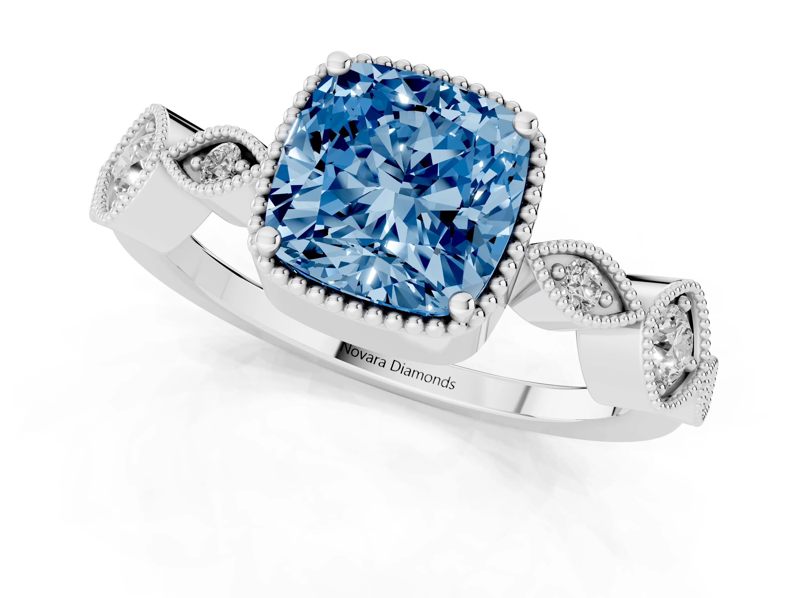 Fancy Blue Cushion Cut Diamond Vintage-Inspired Milgrain Ring Set in White gold with Marquise Stations of Round Accents