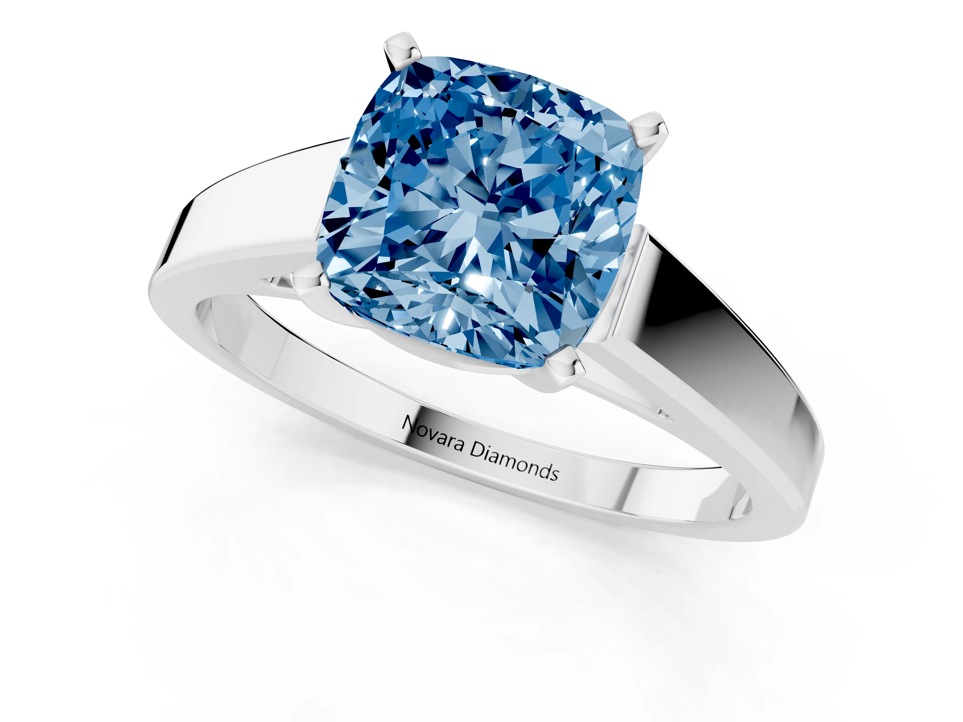 Fancy Blue Cushion Cut Diamond Solitaire Engagement Ring Set in White gold with Prong Setting and Tapered Band