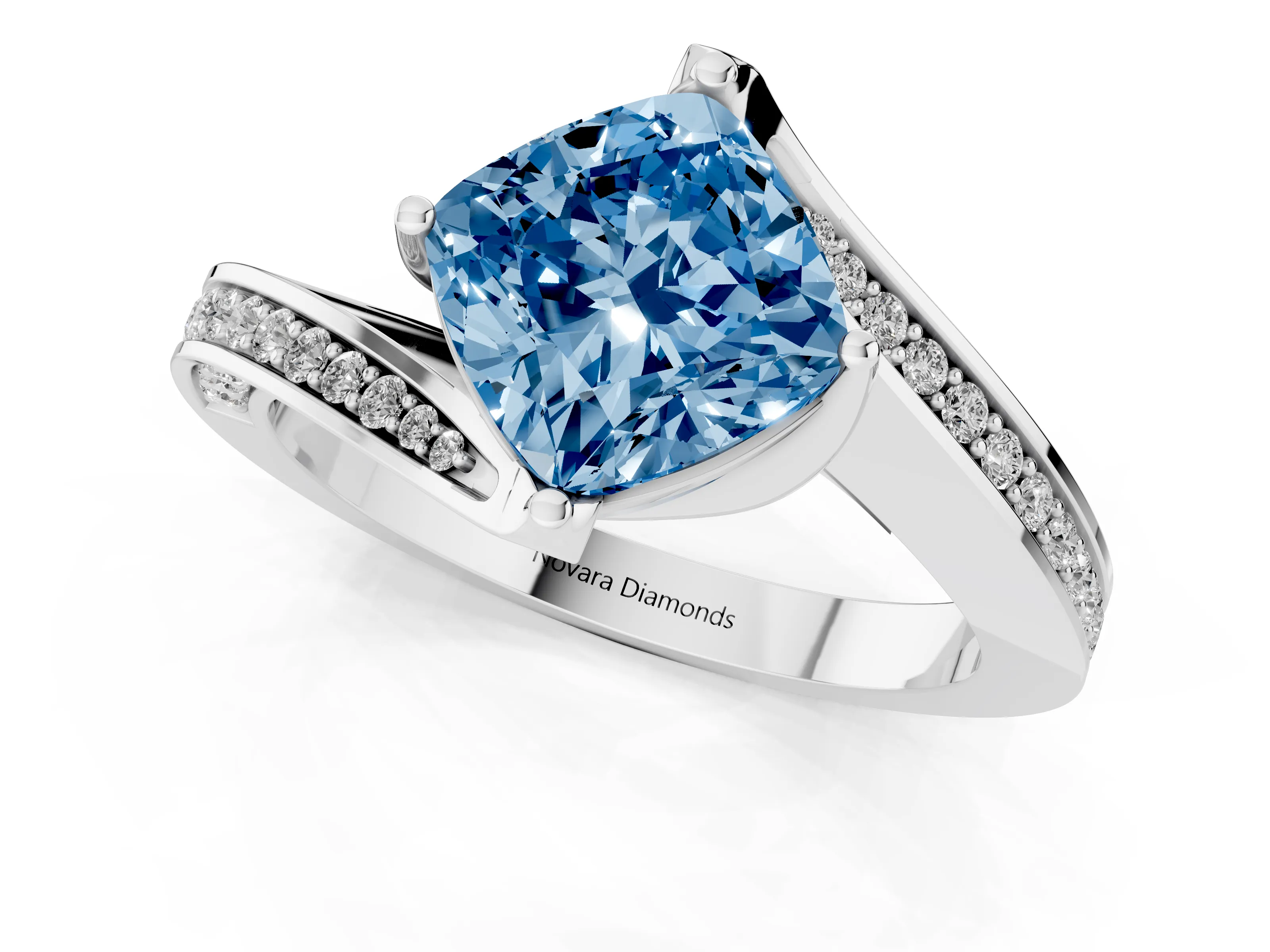 Fancy Blue Cushion Cut Diamond Solitaire Ring Set in White gold with Intertwined Pavé Twist Band
