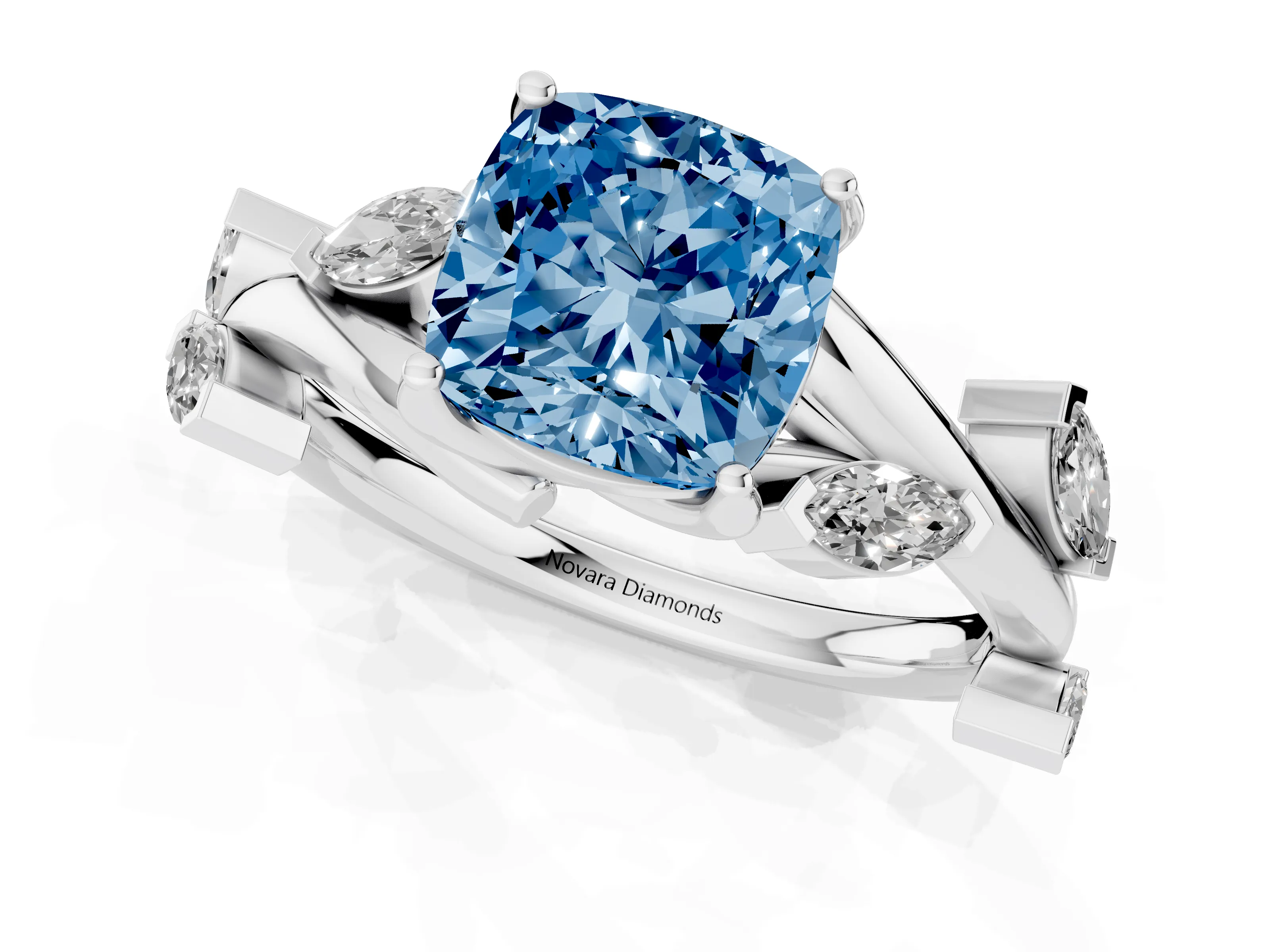 Fancy Blue Cushion Cut Diamond Solitaire Ring Set in White gold with Twisted Marquise Accent Band