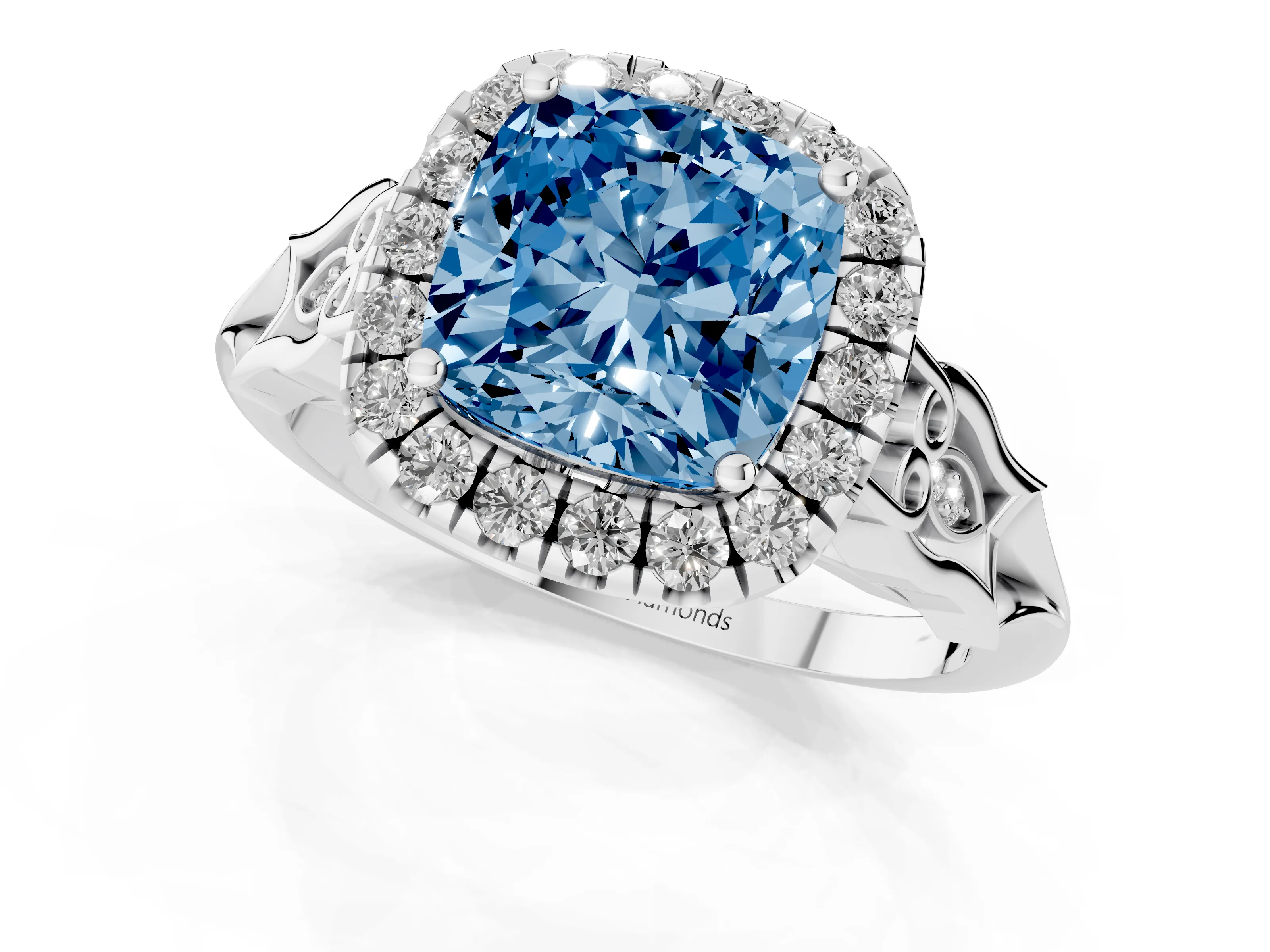 Fancy Blue Cushion Cut Diamond Halo Engagement Ring Set in Platinum with Filigree Band and Prong-Set Center