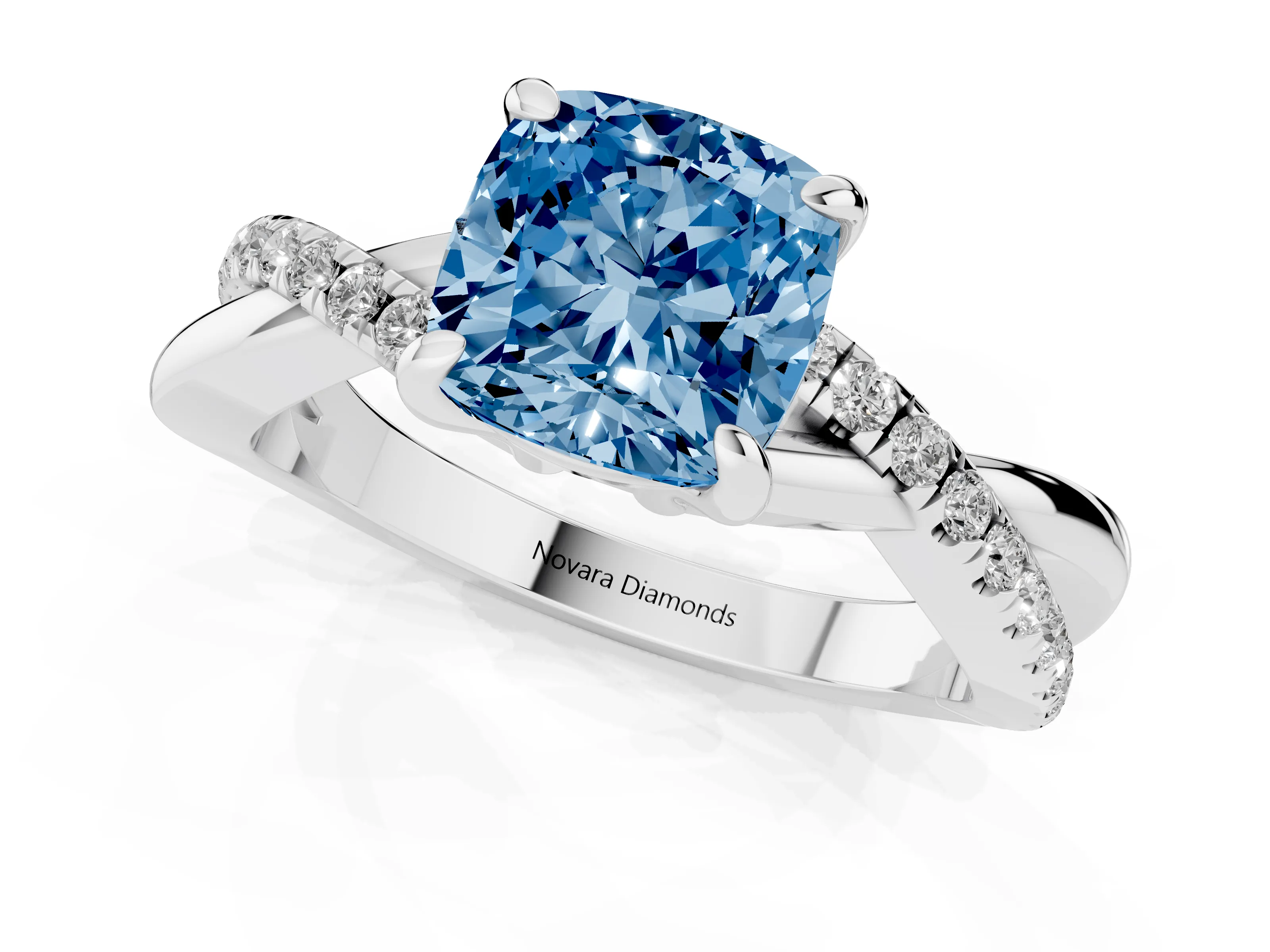 Fancy Blue Cushion Cut Diamond Twist Band Pavé Solitaire Ring Set in Silver with Prong Setting