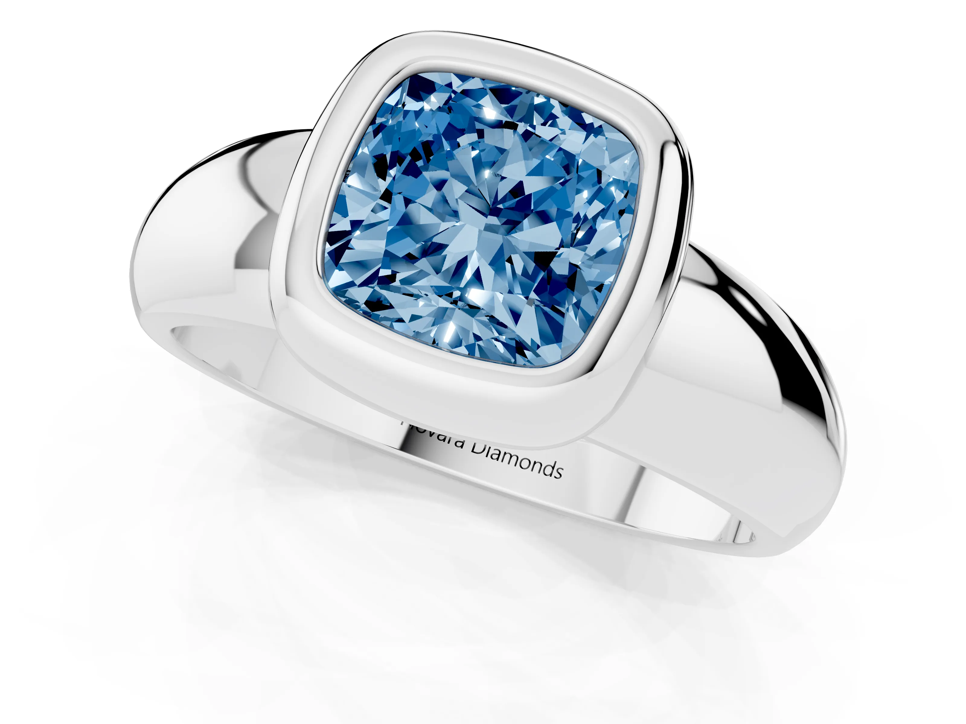 Fancy Blue Bezel Set Cushion Cut Diamond Solitaire Ring Set in Platinum with Wide Band
