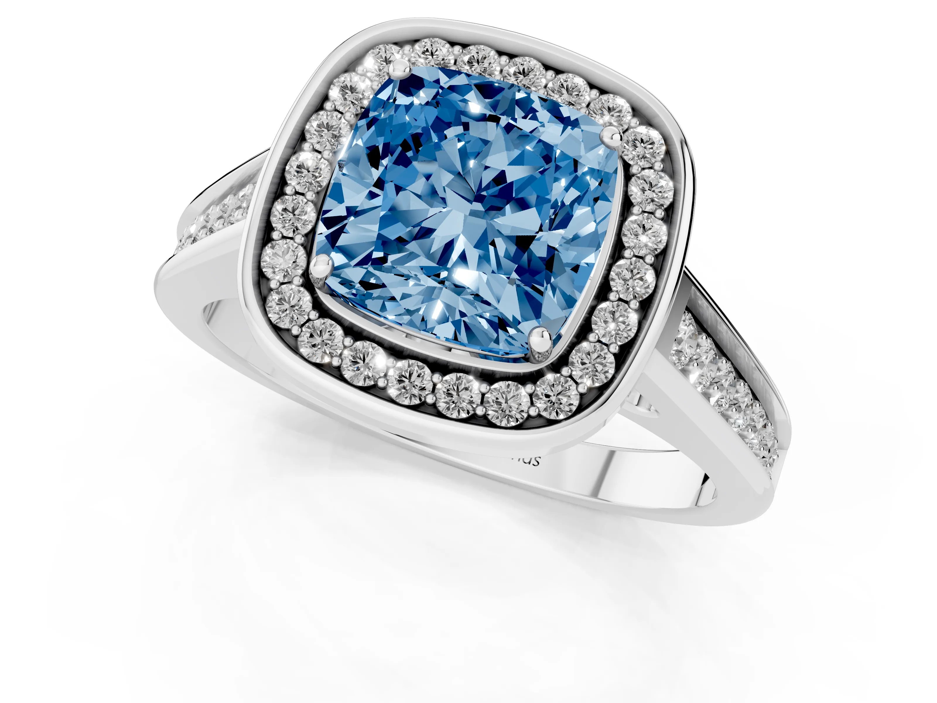 Fancy Blue Cushion Cut Diamond Halo Solitaire Ring Set in Silver with Pavé Band and Bezel Setting