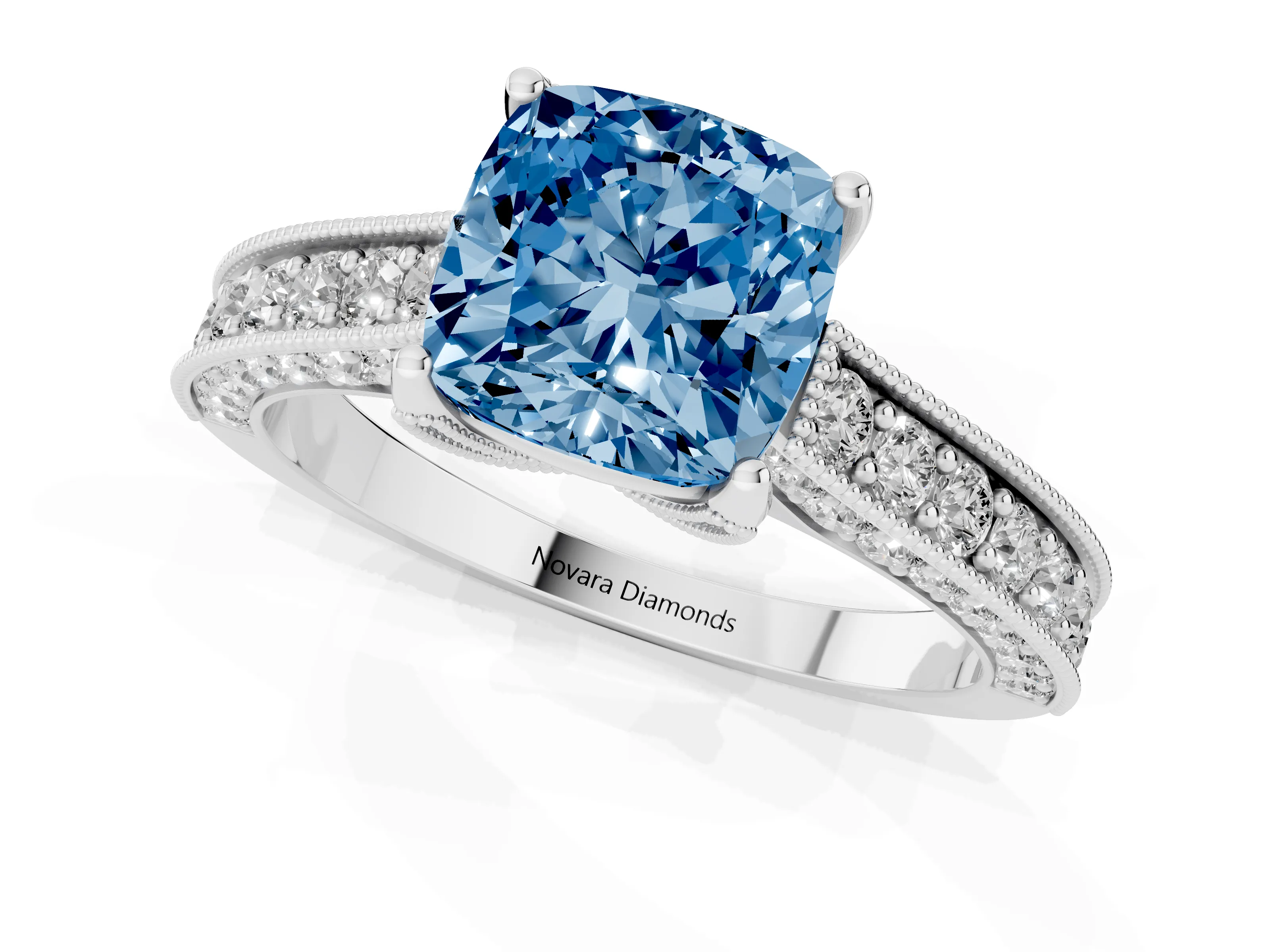 Fancy Blue Cushion Cut Diamond Solitaire Ring Set in Silver with Milgrain-Edged Pavé Band and Prong Setting