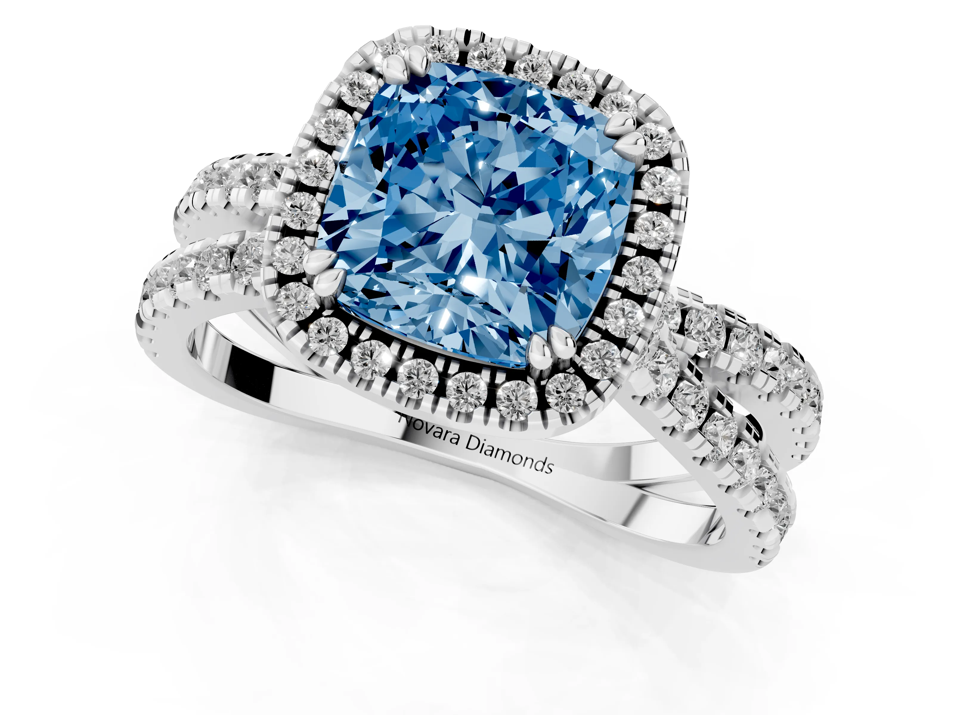 Fancy Blue Cushion Cut Diamond Halo Split Shank Ring Set in Platinum with Pavé Setting – second view