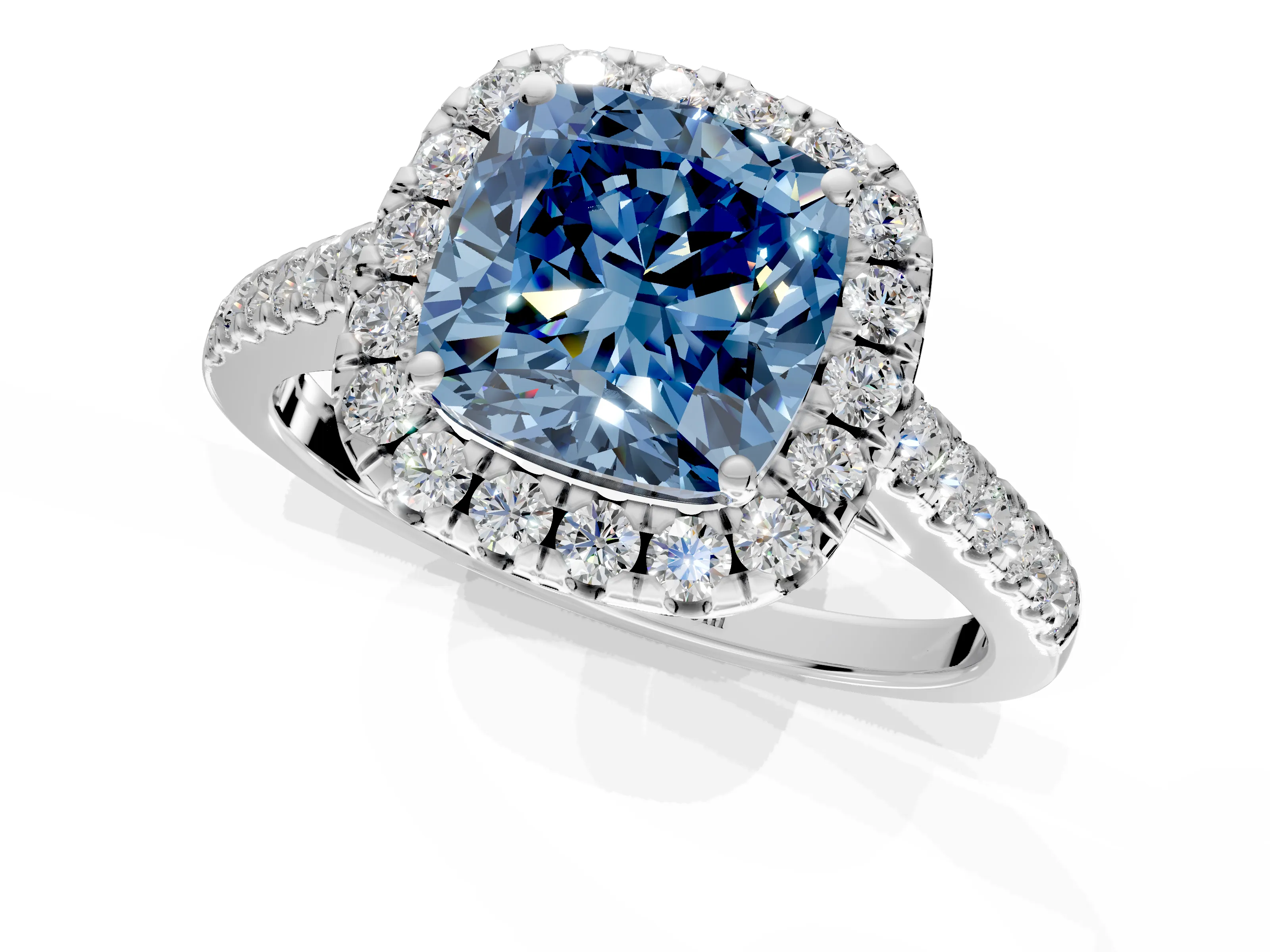 Halo Engagement Ring Setting for Fancy Blue Cushion Cut Center with Narrowing Pave Band and Prong Head in White Gold