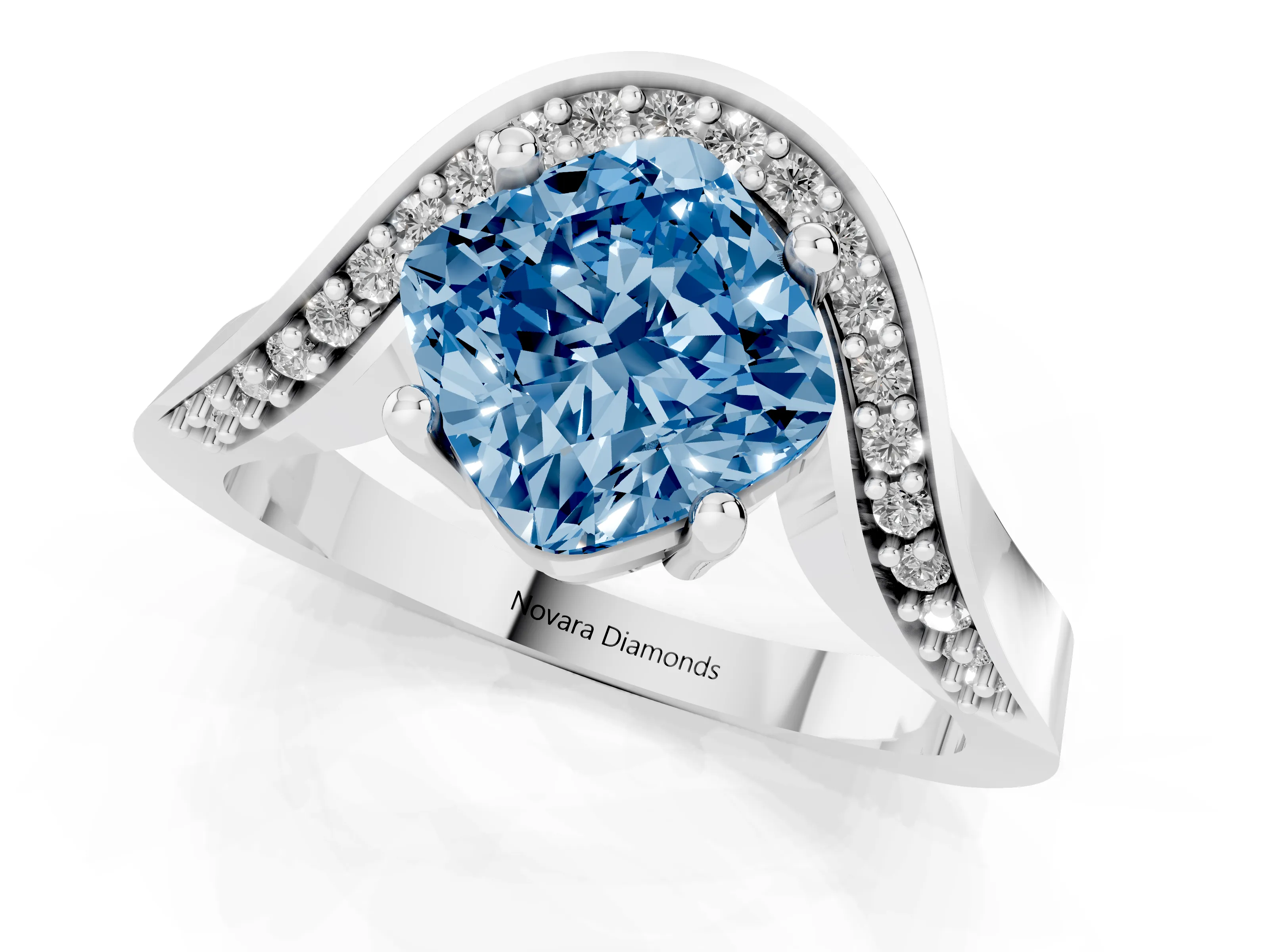 Fancy Blue Cushion Cut Diamond Solitaire Engagement Ring Set in White gold with Pavé Shoulders